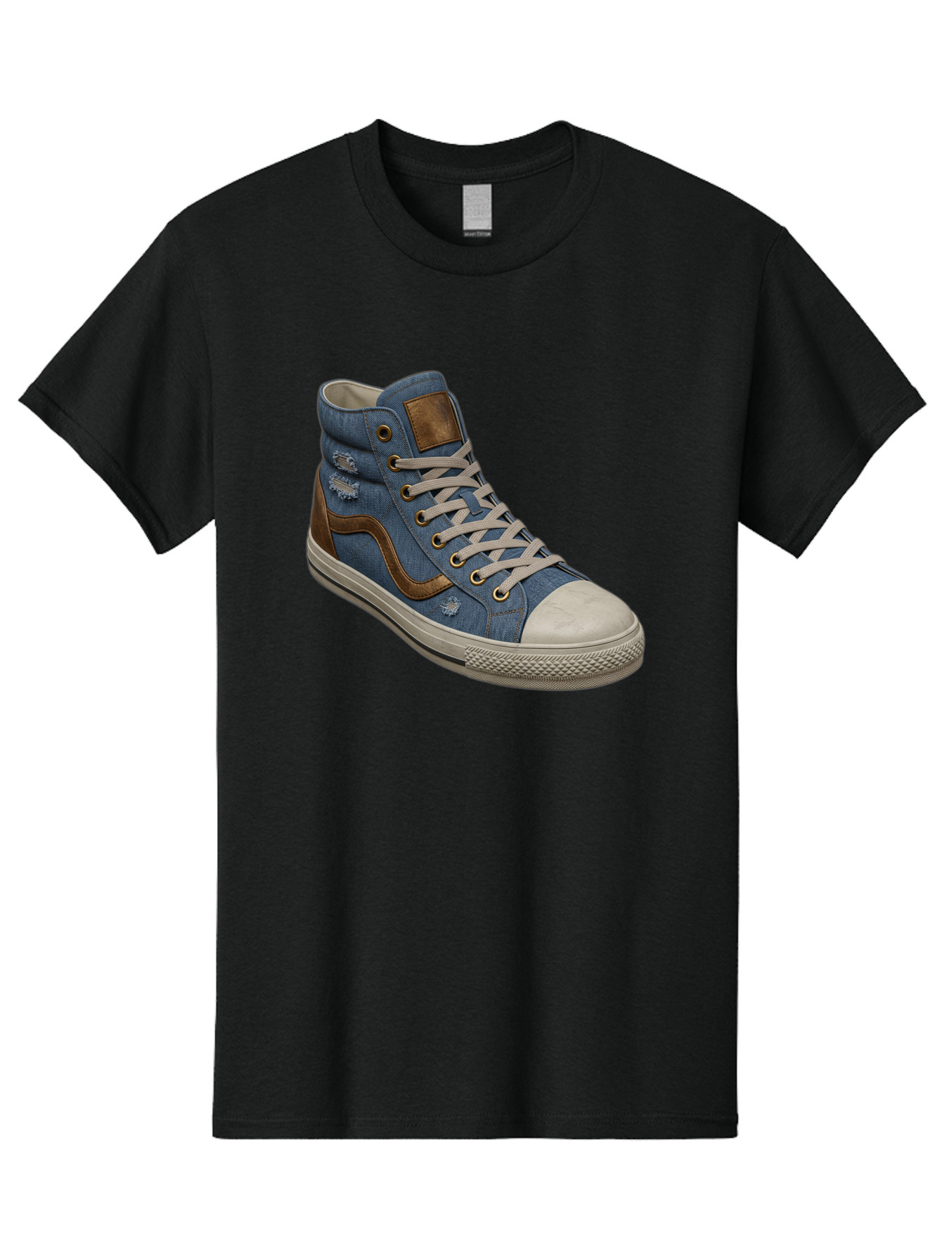 Blue-Denim-High-Top-Sneaker Men'S Graphic Tee, 100% Cotton, Comfortable Casual Summer Wear, Machine Washable, High-Top Denim Sneakers, Blue Denim, Fashionable Sneakers, Casual Footwear, White Laces, Brown Accents, Distressed Design, Baa172