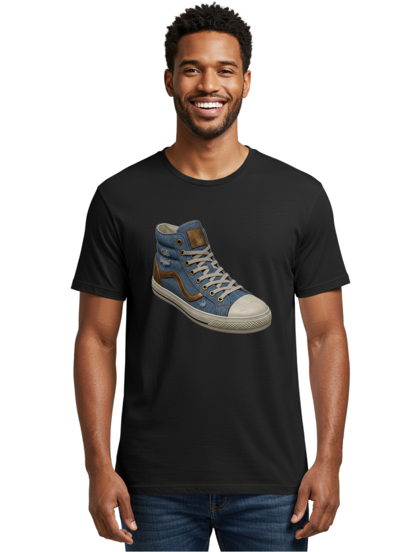 Blue-Denim-High-Top-Sneaker Men'S Graphic Tee, 100% Cotton, Comfortable Casual Summer Wear, Machine Washable, High-Top Denim Sneakers, Blue Denim, Fashionable Sneakers, Casual Footwear, White Laces, Brown Accents, Distressed Design, Baa172