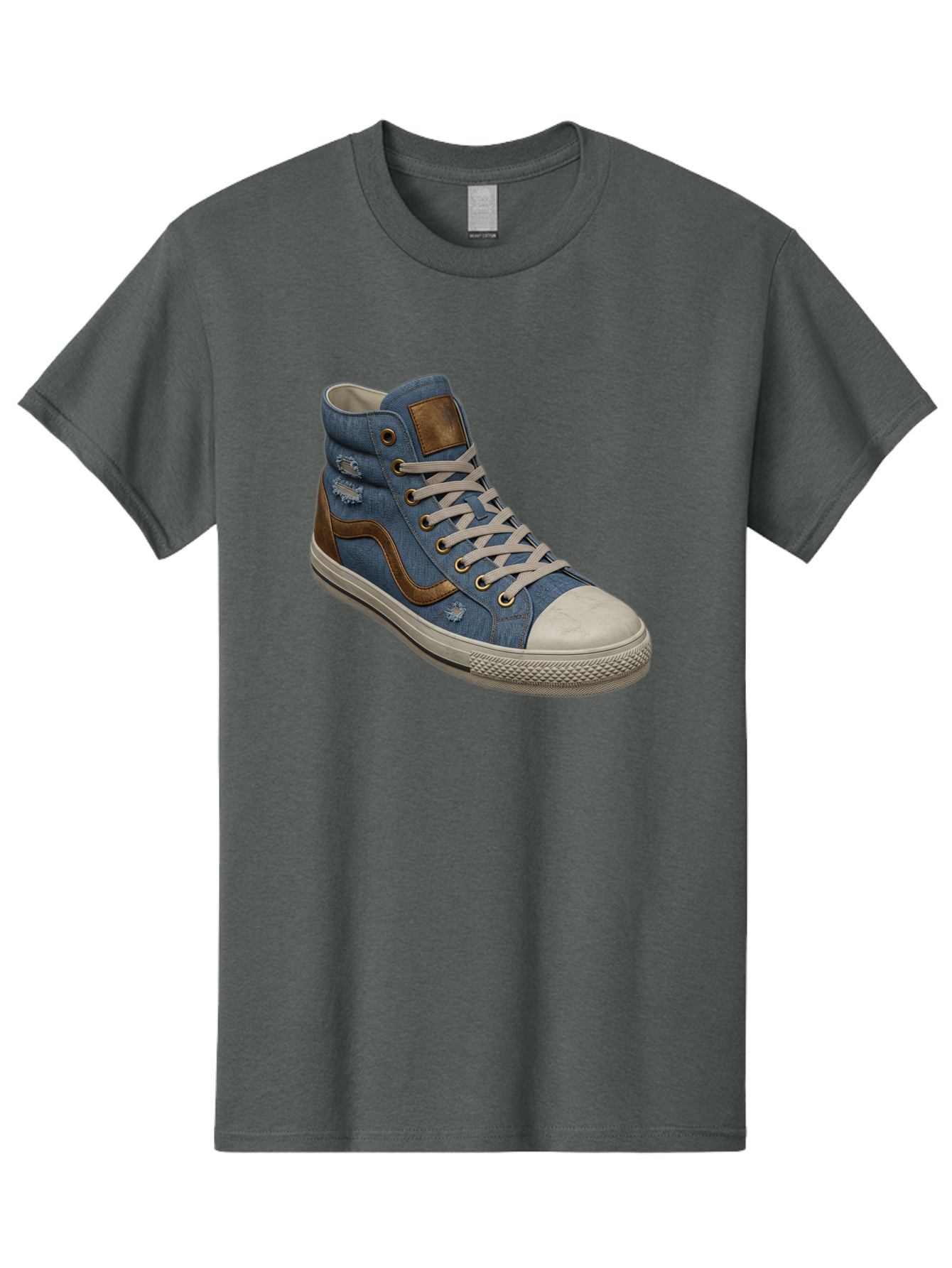 Blue-Denim-High-Top-Sneaker Men'S Graphic Tee, 100% Cotton, Comfortable Casual Summer Wear, Machine Washable, High-Top Denim Sneakers, Blue Denim, Fashionable Sneakers, Casual Footwear, White Laces, Brown Accents, Distressed Design, Baa172