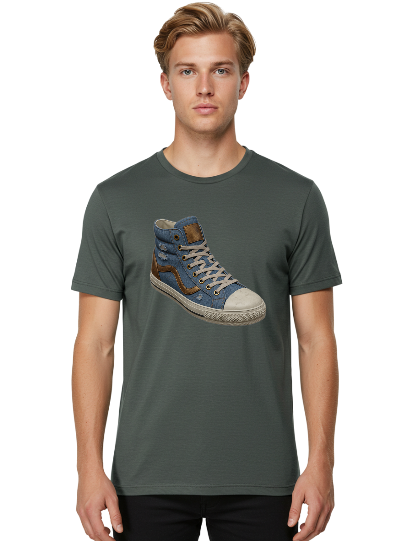 Blue-Denim-High-Top-Sneaker Men'S Graphic Tee, 100% Cotton, Comfortable Casual Summer Wear, Machine Washable, High-Top Denim Sneakers, Blue Denim, Fashionable Sneakers, Casual Footwear, White Laces, Brown Accents, Distressed Design, Baa172
