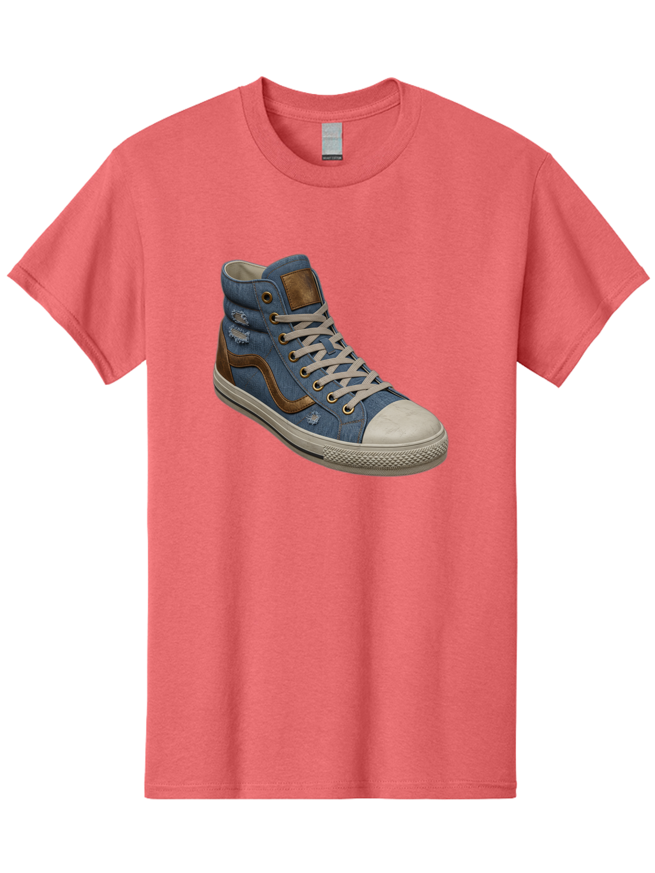 Blue-Denim-High-Top-Sneaker Men'S Graphic Tee, 100% Cotton, Comfortable Casual Summer Wear, Machine Washable, High-Top Denim Sneakers, Blue Denim, Fashionable Sneakers, Casual Footwear, White Laces, Brown Accents, Distressed Design, Baa172