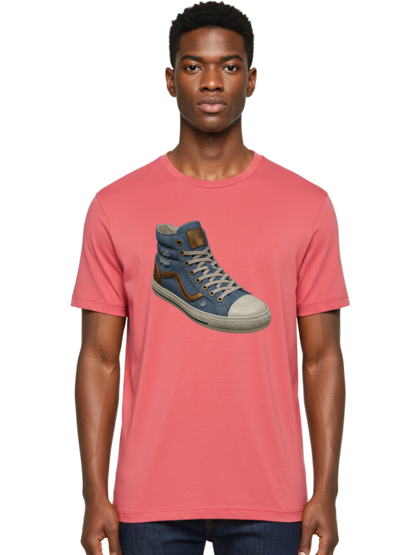 Blue-Denim-High-Top-Sneaker Men'S Graphic Tee, 100% Cotton, Comfortable Casual Summer Wear, Machine Washable, High-Top Denim Sneakers, Blue Denim, Fashionable Sneakers, Casual Footwear, White Laces, Brown Accents, Distressed Design, Baa172