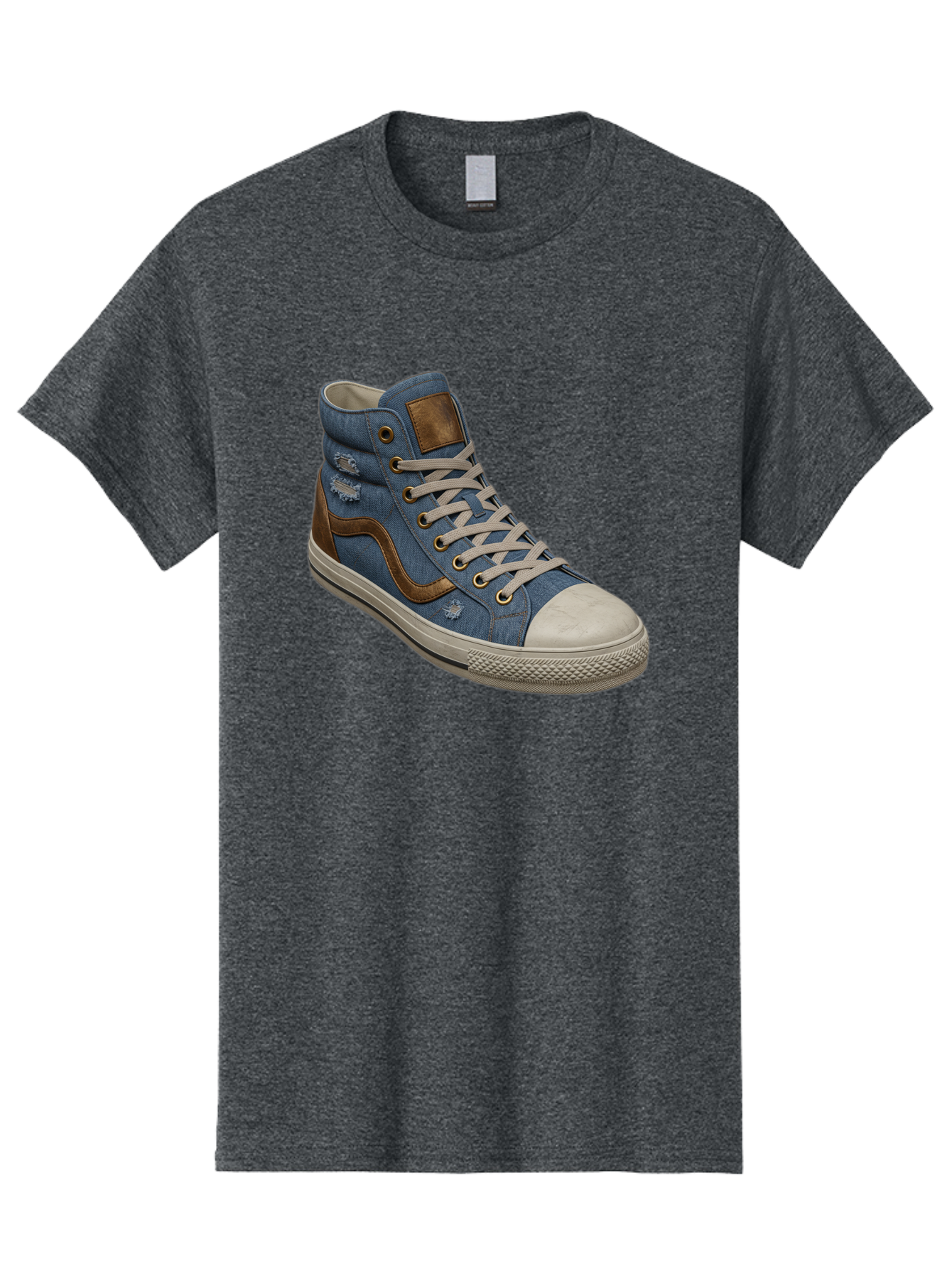 Blue-Denim-High-Top-Sneaker Men'S Graphic Tee, 100% Cotton, Comfortable Casual Summer Wear, Machine Washable, High-Top Denim Sneakers, Blue Denim, Fashionable Sneakers, Casual Footwear, White Laces, Brown Accents, Distressed Design, Baa172