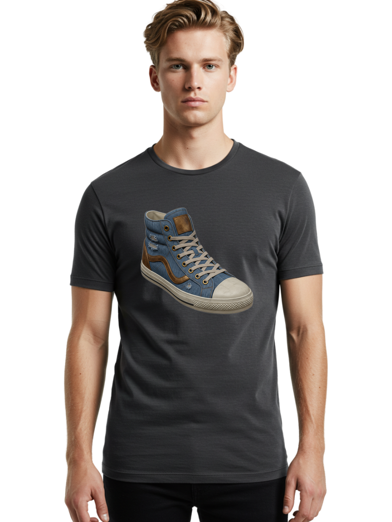 Blue-Denim-High-Top-Sneaker Men'S Graphic Tee, 100% Cotton, Comfortable Casual Summer Wear, Machine Washable, High-Top Denim Sneakers, Blue Denim, Fashionable Sneakers, Casual Footwear, White Laces, Brown Accents, Distressed Design, Baa172