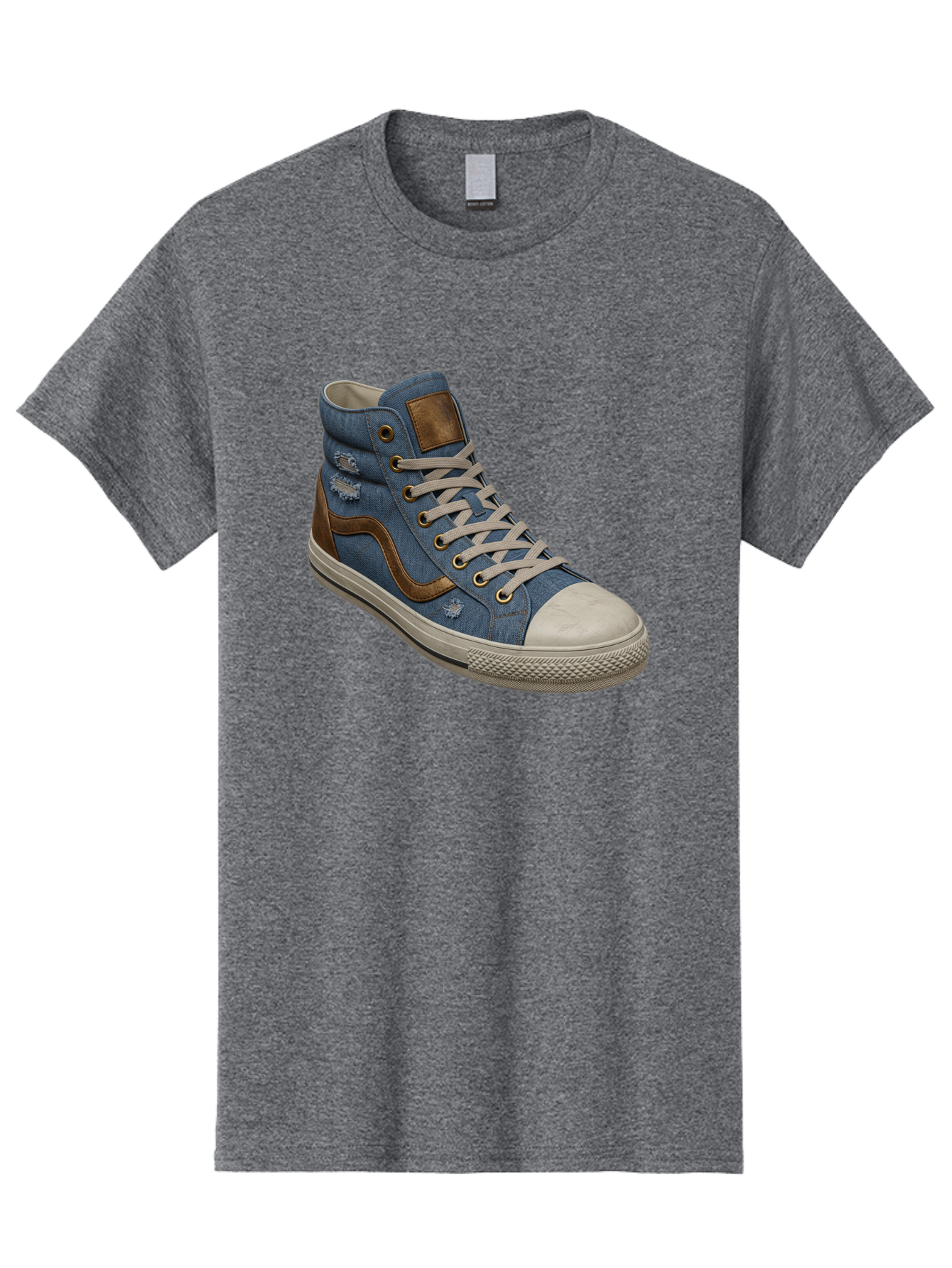 Blue-Denim-High-Top-Sneaker Men'S Graphic Tee, 100% Cotton, Comfortable Casual Summer Wear, Machine Washable, High-Top Denim Sneakers, Blue Denim, Fashionable Sneakers, Casual Footwear, White Laces, Brown Accents, Distressed Design, Baa172