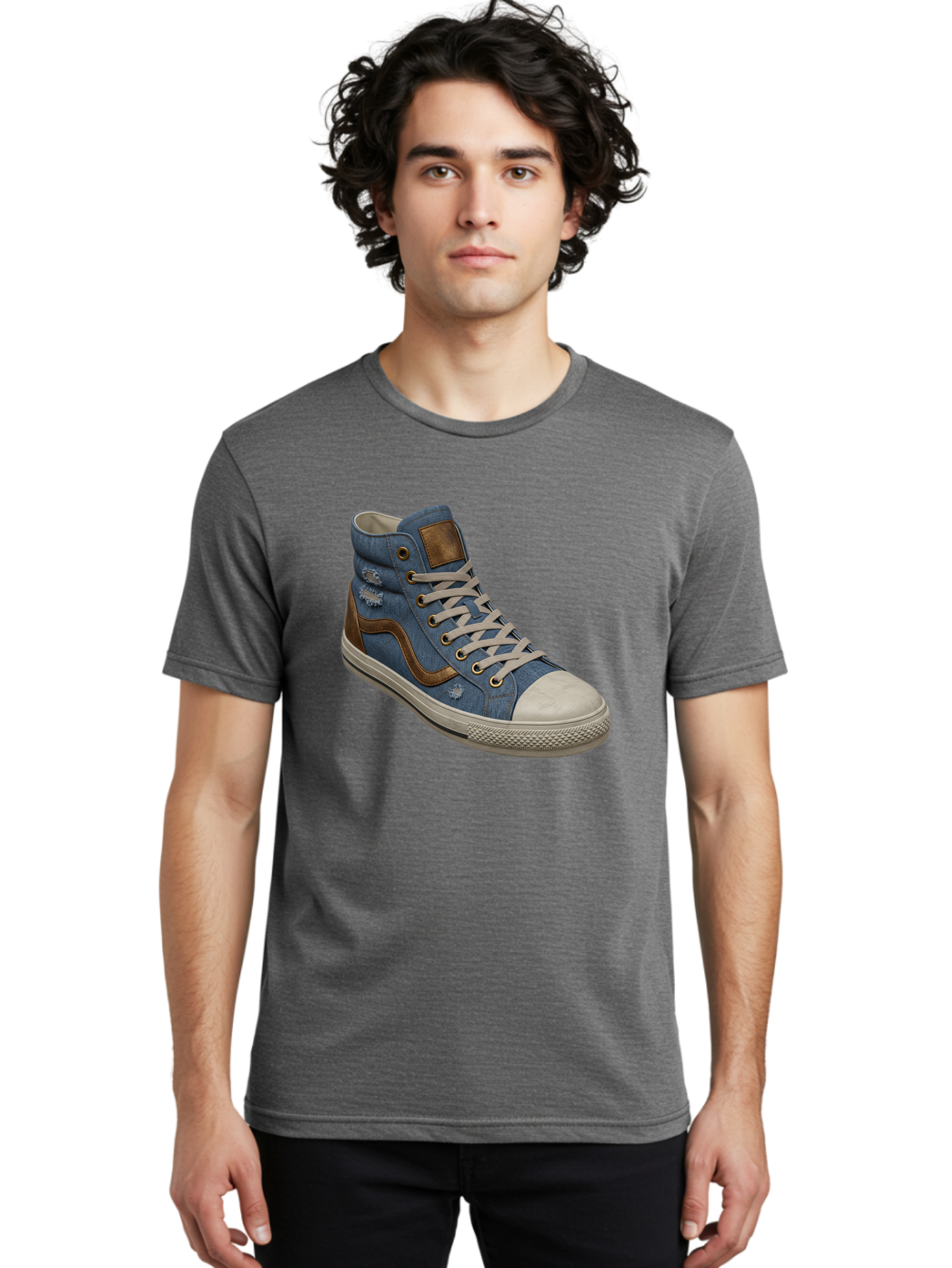 Blue-Denim-High-Top-Sneaker Men'S Graphic Tee, 100% Cotton, Comfortable Casual Summer Wear, Machine Washable, High-Top Denim Sneakers, Blue Denim, Fashionable Sneakers, Casual Footwear, White Laces, Brown Accents, Distressed Design, Baa172