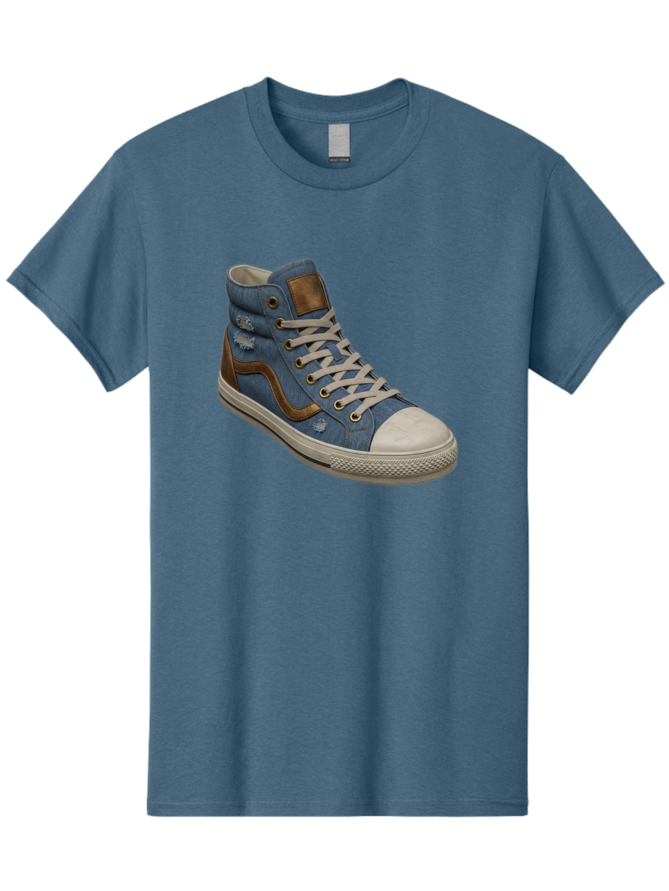 Blue-Denim-High-Top-Sneaker Men'S Graphic Tee, 100% Cotton, Comfortable Casual Summer Wear, Machine Washable, High-Top Denim Sneakers, Blue Denim, Fashionable Sneakers, Casual Footwear, White Laces, Brown Accents, Distressed Design, Baa172