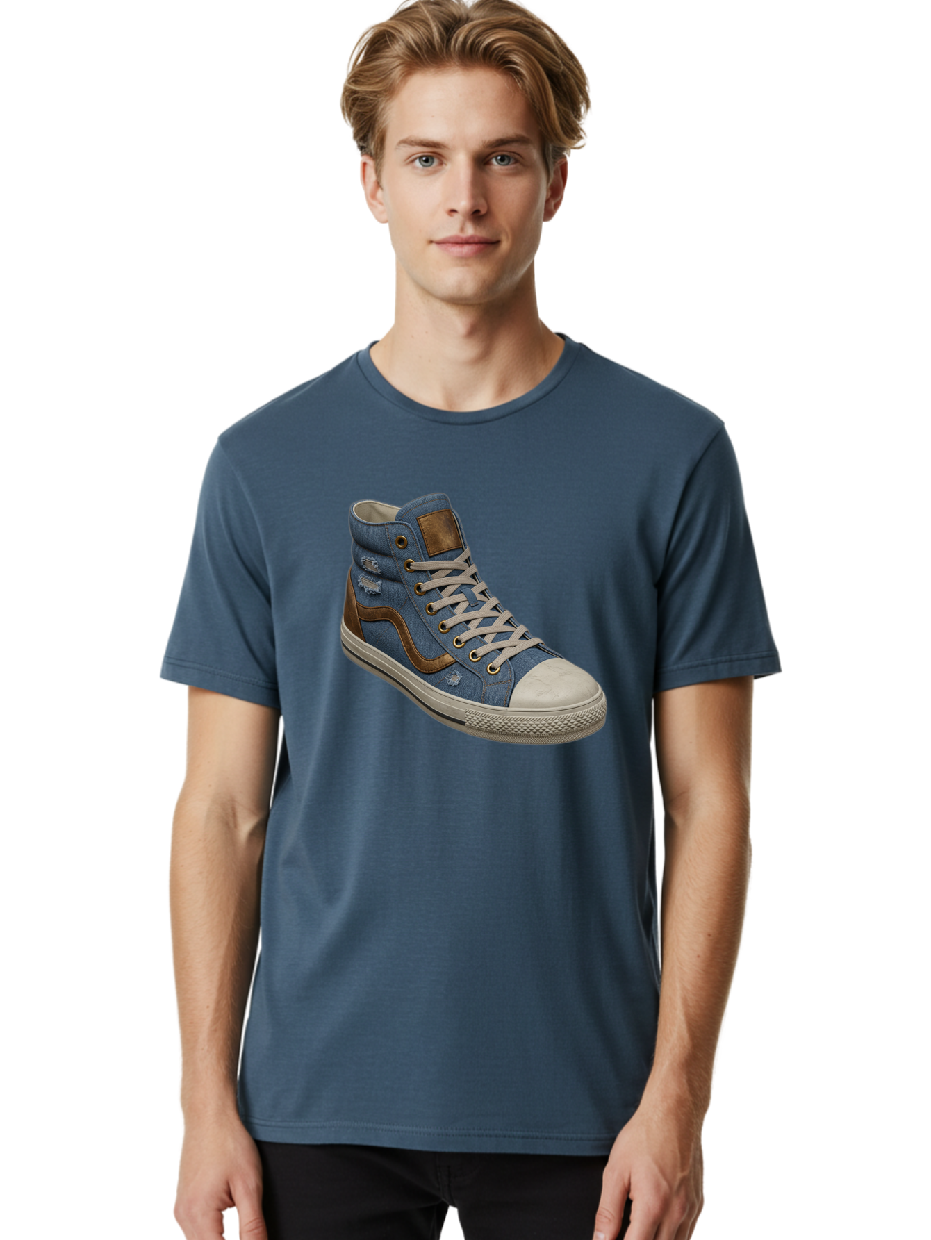 Blue-Denim-High-Top-Sneaker Men'S Graphic Tee, 100% Cotton, Comfortable Casual Summer Wear, Machine Washable, High-Top Denim Sneakers, Blue Denim, Fashionable Sneakers, Casual Footwear, White Laces, Brown Accents, Distressed Design, Baa172