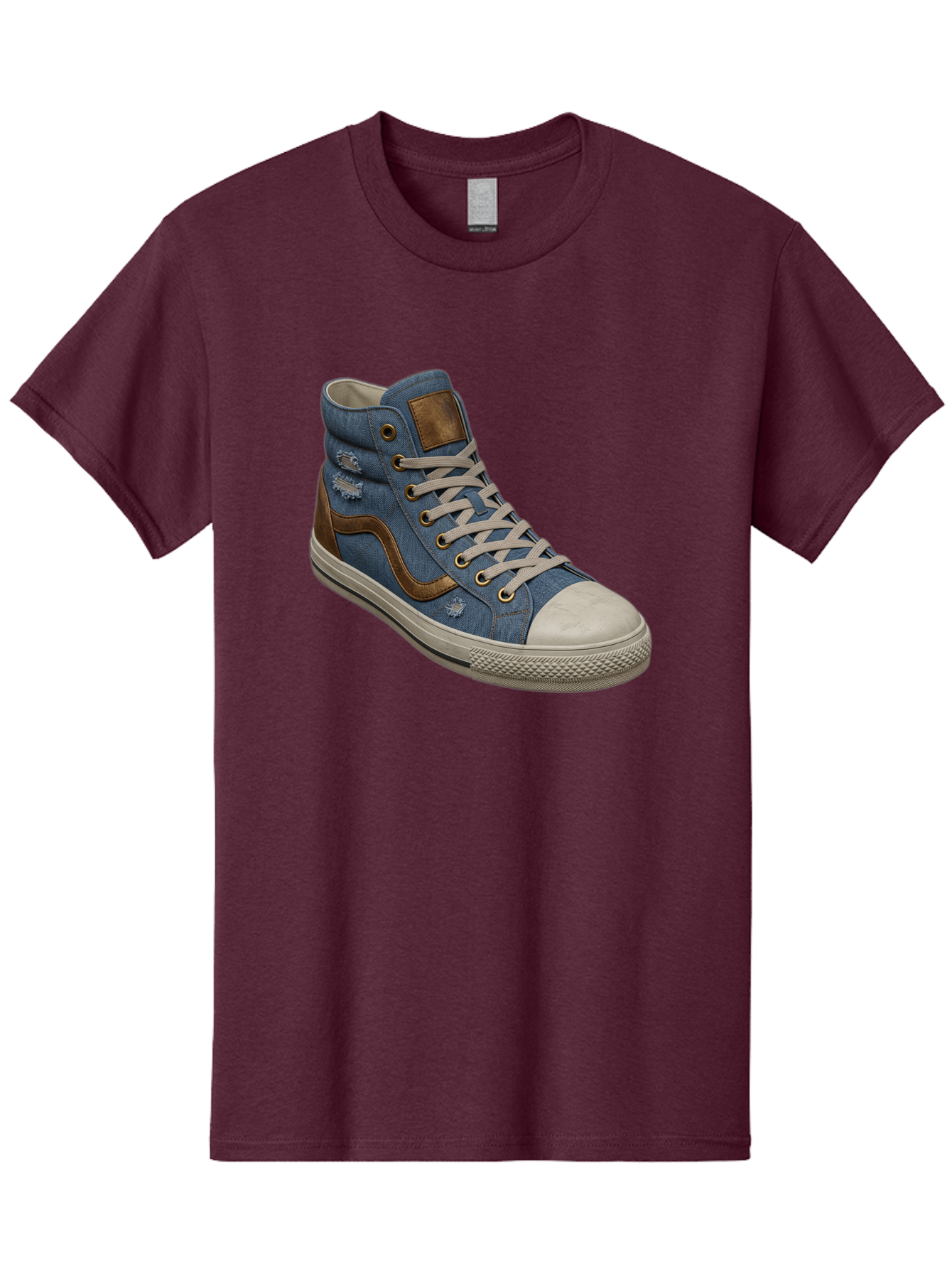 Blue-Denim-High-Top-Sneaker Men'S Graphic Tee, 100% Cotton, Comfortable Casual Summer Wear, Machine Washable, High-Top Denim Sneakers, Blue Denim, Fashionable Sneakers, Casual Footwear, White Laces, Brown Accents, Distressed Design, Baa172