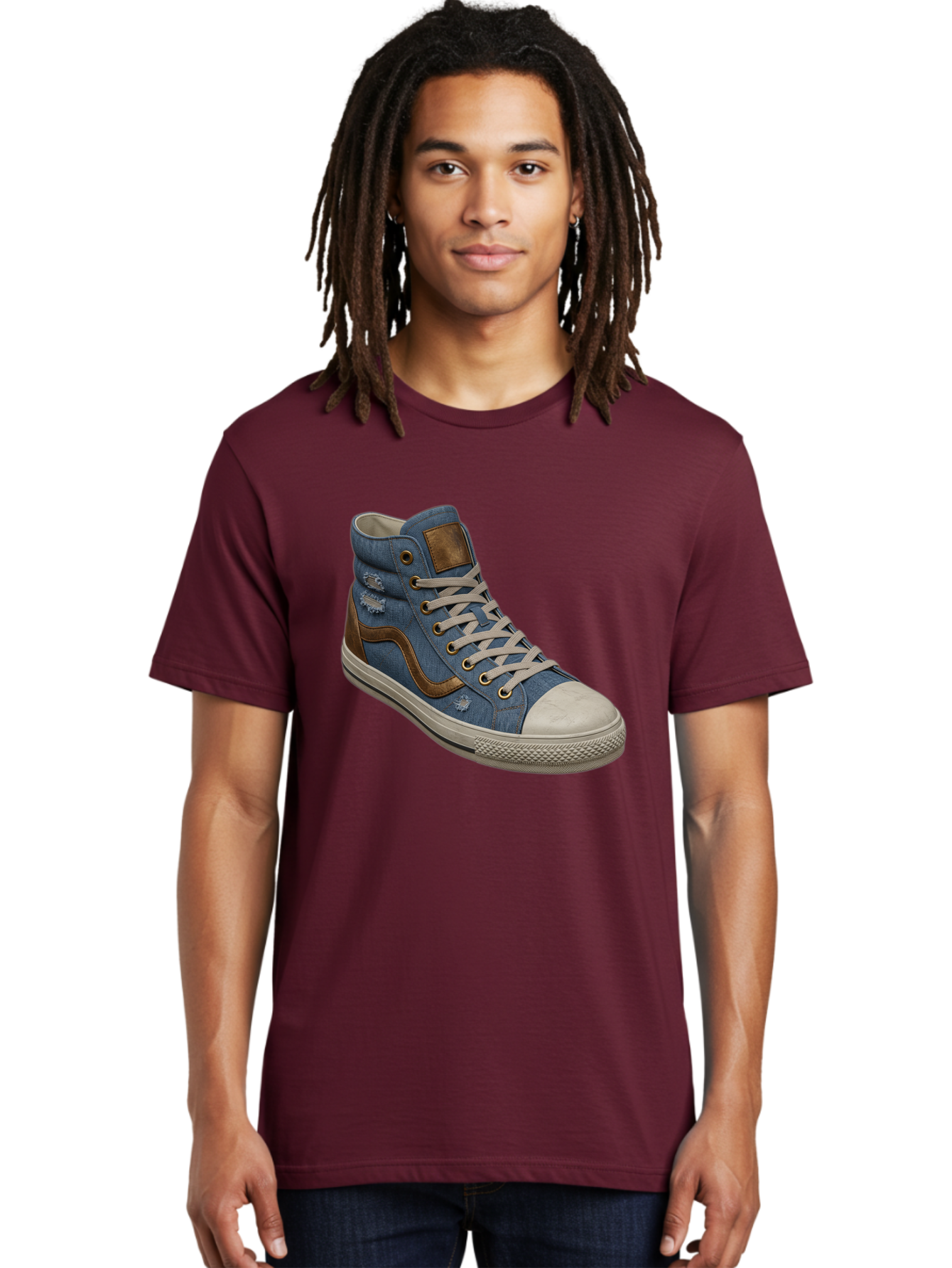Blue-Denim-High-Top-Sneaker Men'S Graphic Tee, 100% Cotton, Comfortable Casual Summer Wear, Machine Washable, High-Top Denim Sneakers, Blue Denim, Fashionable Sneakers, Casual Footwear, White Laces, Brown Accents, Distressed Design, Baa172