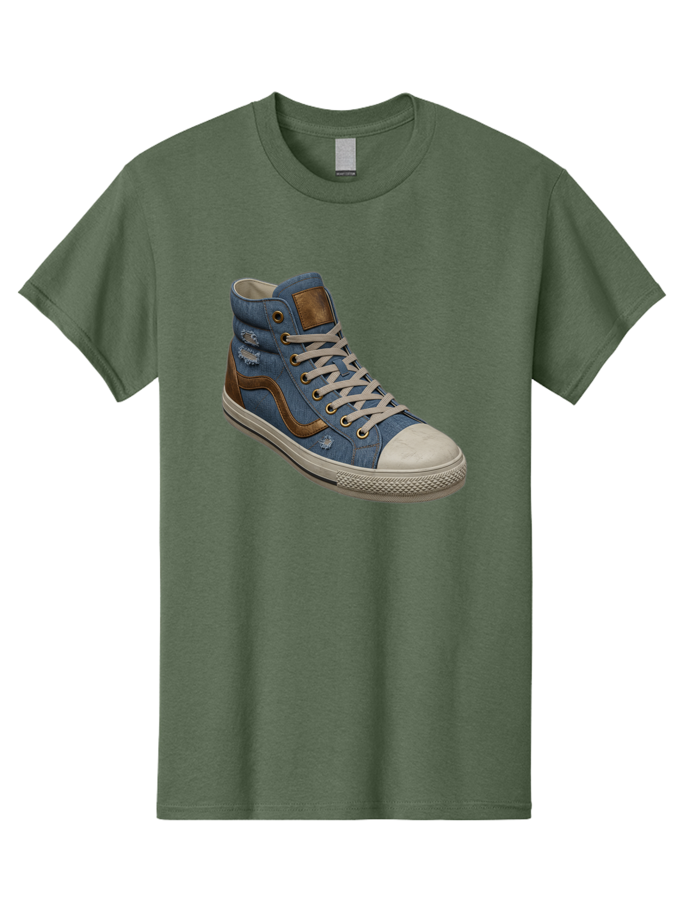 Blue-Denim-High-Top-Sneaker Men'S Graphic Tee, 100% Cotton, Comfortable Casual Summer Wear, Machine Washable, High-Top Denim Sneakers, Blue Denim, Fashionable Sneakers, Casual Footwear, White Laces, Brown Accents, Distressed Design, Baa172
