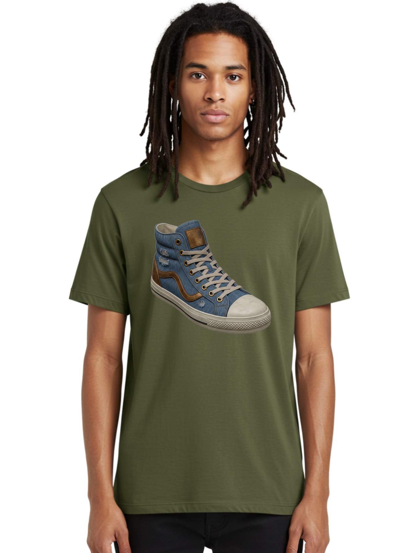 Blue-Denim-High-Top-Sneaker Men'S Graphic Tee, 100% Cotton, Comfortable Casual Summer Wear, Machine Washable, High-Top Denim Sneakers, Blue Denim, Fashionable Sneakers, Casual Footwear, White Laces, Brown Accents, Distressed Design, Baa172