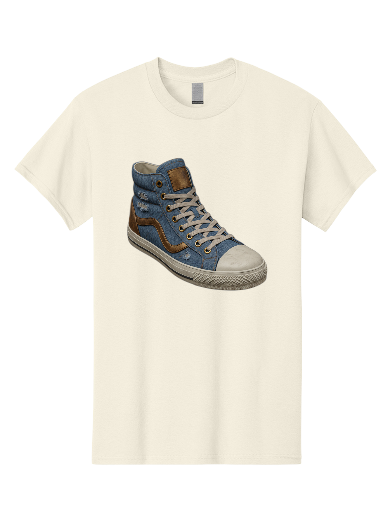 Blue-Denim-High-Top-Sneaker Men'S Graphic Tee, 100% Cotton, Comfortable Casual Summer Wear, Machine Washable, High-Top Denim Sneakers, Blue Denim, Fashionable Sneakers, Casual Footwear, White Laces, Brown Accents, Distressed Design, Baa172