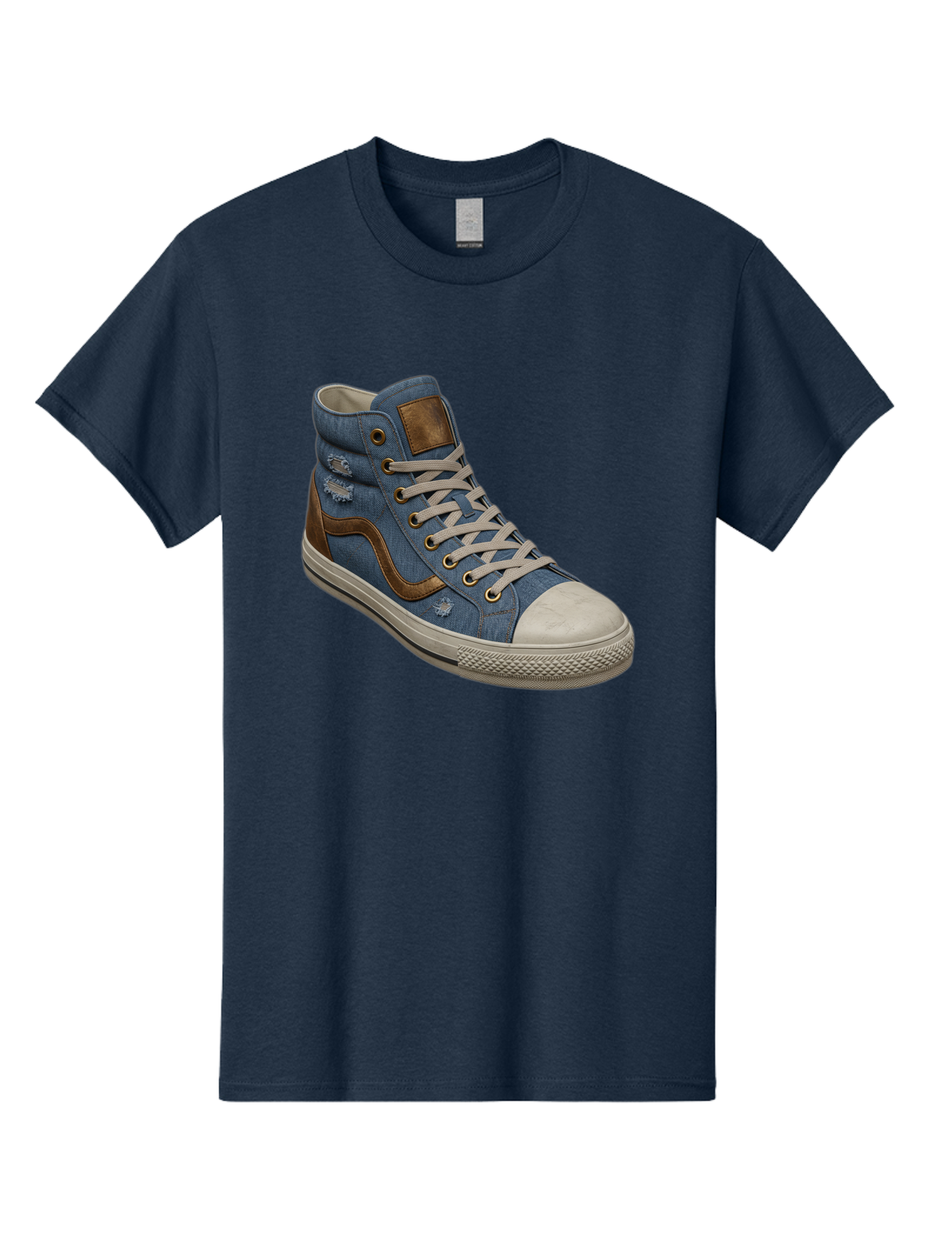 Blue-Denim-High-Top-Sneaker Men'S Graphic Tee, 100% Cotton, Comfortable Casual Summer Wear, Machine Washable, High-Top Denim Sneakers, Blue Denim, Fashionable Sneakers, Casual Footwear, White Laces, Brown Accents, Distressed Design, Baa172