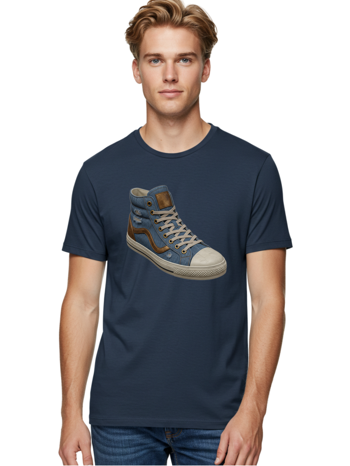 Blue-Denim-High-Top-Sneaker Men'S Graphic Tee, 100% Cotton, Comfortable Casual Summer Wear, Machine Washable, High-Top Denim Sneakers, Blue Denim, Fashionable Sneakers, Casual Footwear, White Laces, Brown Accents, Distressed Design, Baa172