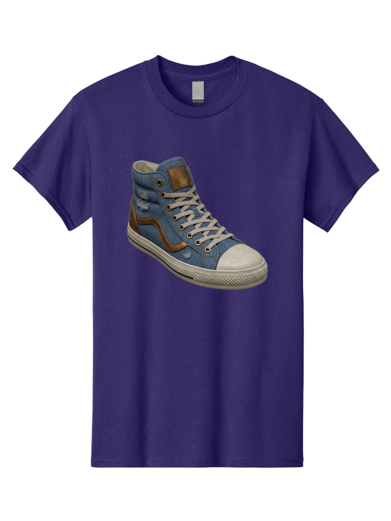 Blue-Denim-High-Top-Sneaker Men'S Graphic Tee, 100% Cotton, Comfortable Casual Summer Wear, Machine Washable, High-Top Denim Sneakers, Blue Denim, Fashionable Sneakers, Casual Footwear, White Laces, Brown Accents, Distressed Design, Baa172