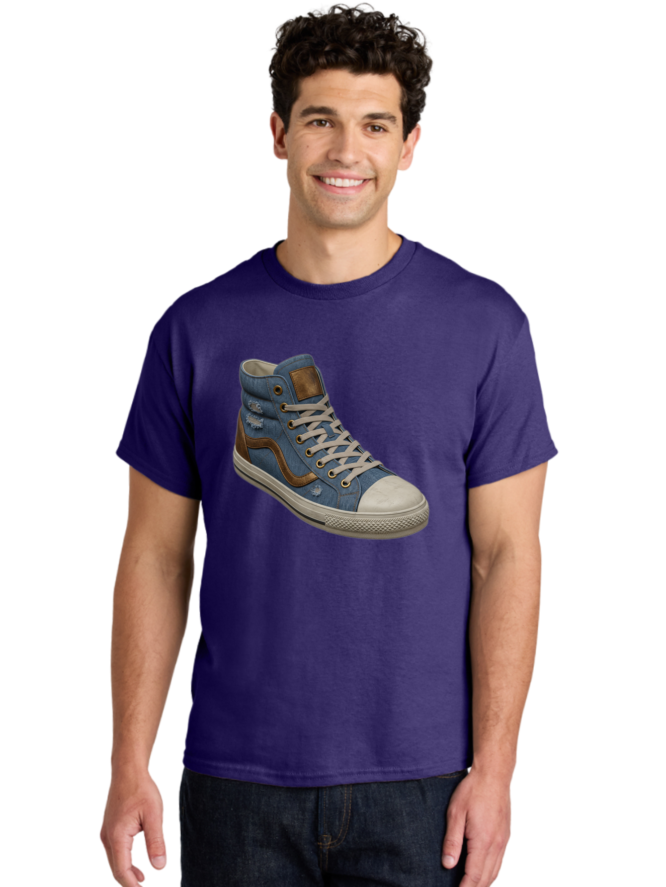 Blue-Denim-High-Top-Sneaker Men'S Graphic Tee, 100% Cotton, Comfortable Casual Summer Wear, Machine Washable, High-Top Denim Sneakers, Blue Denim, Fashionable Sneakers, Casual Footwear, White Laces, Brown Accents, Distressed Design, Baa172