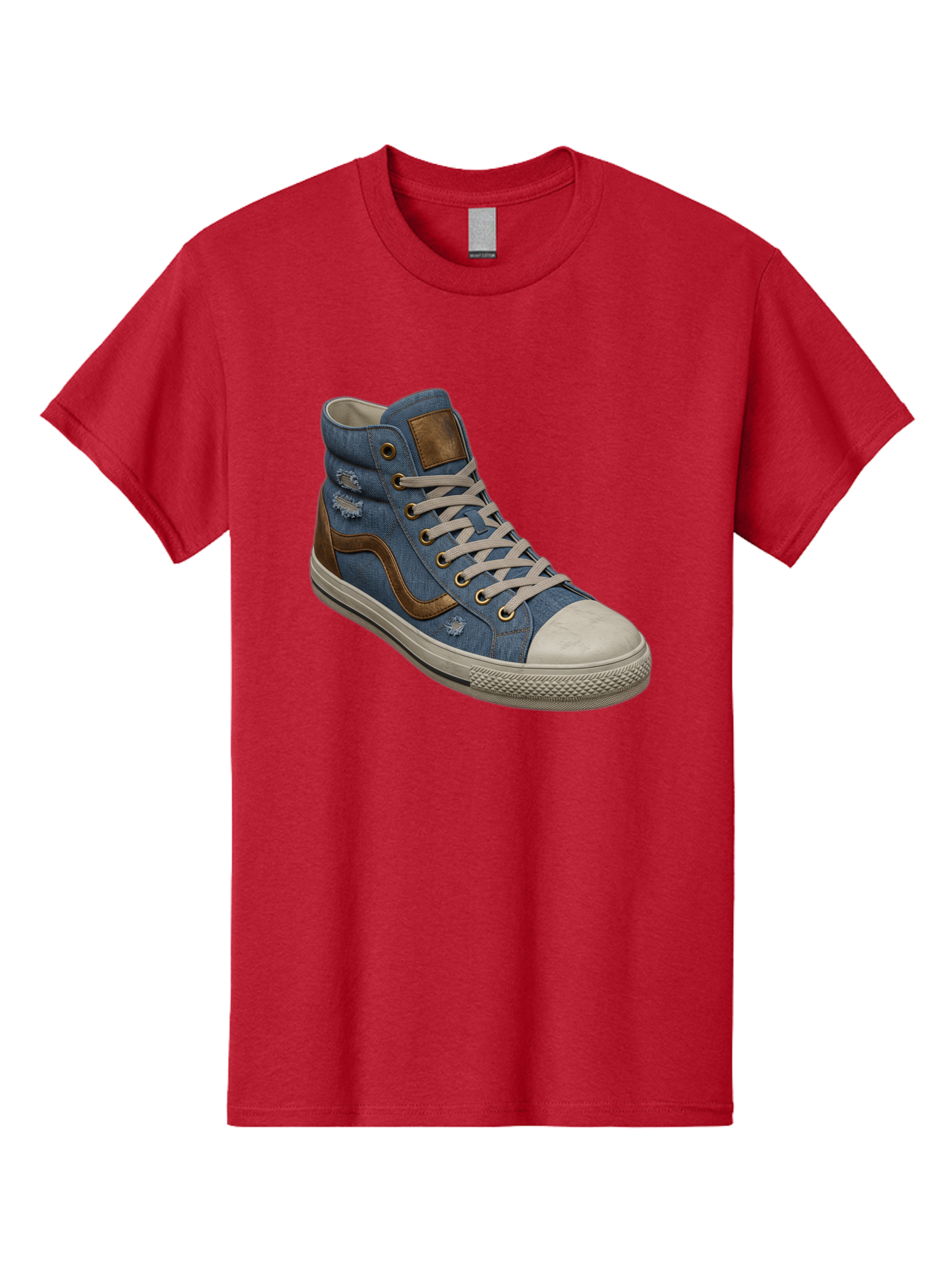 Blue-Denim-High-Top-Sneaker Men'S Graphic Tee, 100% Cotton, Comfortable Casual Summer Wear, Machine Washable, High-Top Denim Sneakers, Blue Denim, Fashionable Sneakers, Casual Footwear, White Laces, Brown Accents, Distressed Design, Baa172