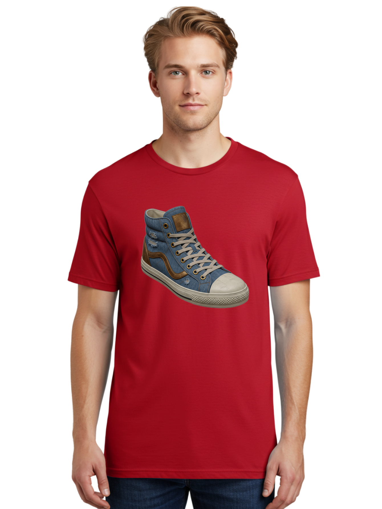 Blue-Denim-High-Top-Sneaker Men'S Graphic Tee, 100% Cotton, Comfortable Casual Summer Wear, Machine Washable, High-Top Denim Sneakers, Blue Denim, Fashionable Sneakers, Casual Footwear, White Laces, Brown Accents, Distressed Design, Baa172