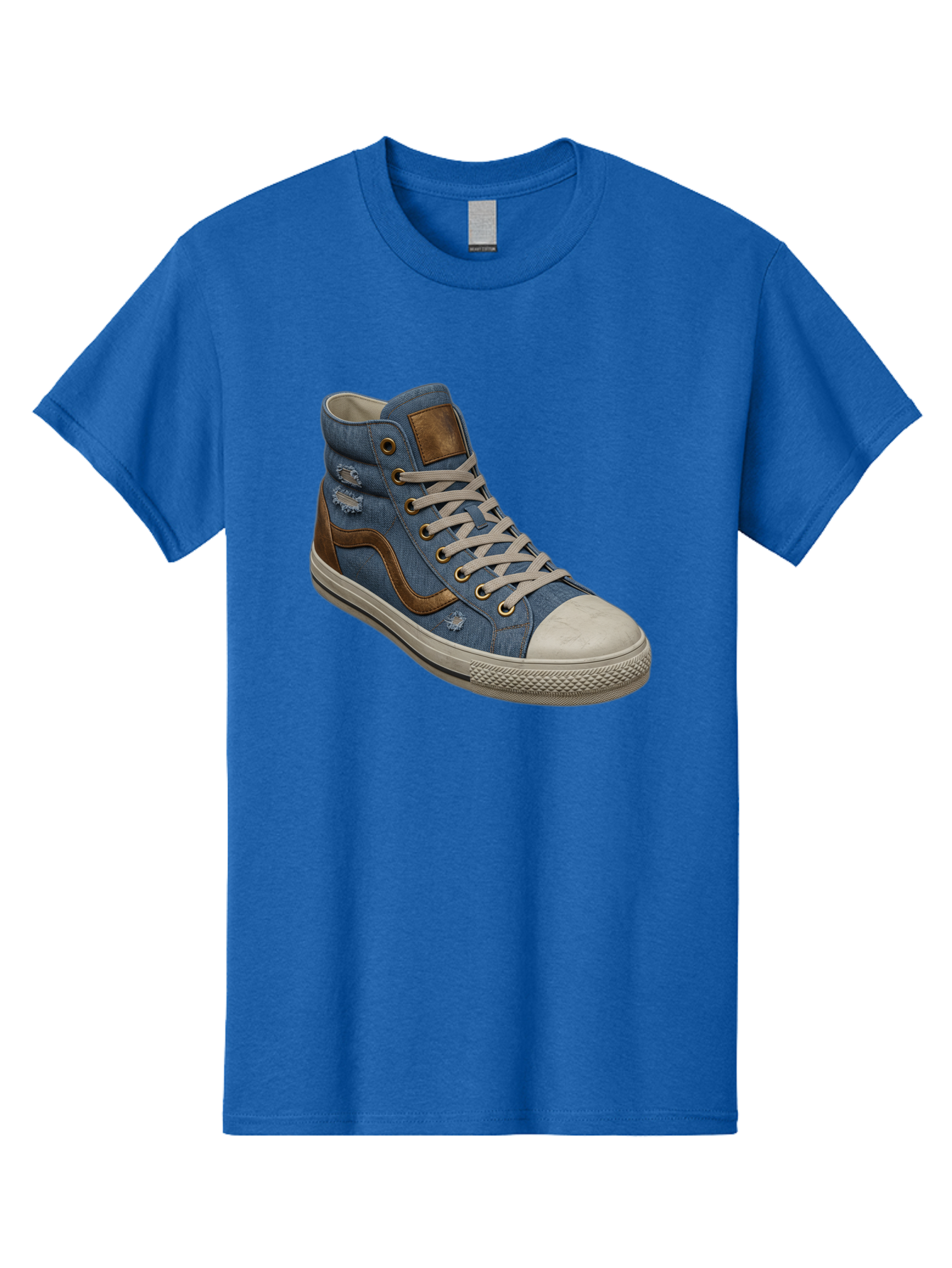 Blue-Denim-High-Top-Sneaker Men'S Graphic Tee, 100% Cotton, Comfortable Casual Summer Wear, Machine Washable, High-Top Denim Sneakers, Blue Denim, Fashionable Sneakers, Casual Footwear, White Laces, Brown Accents, Distressed Design, Baa172