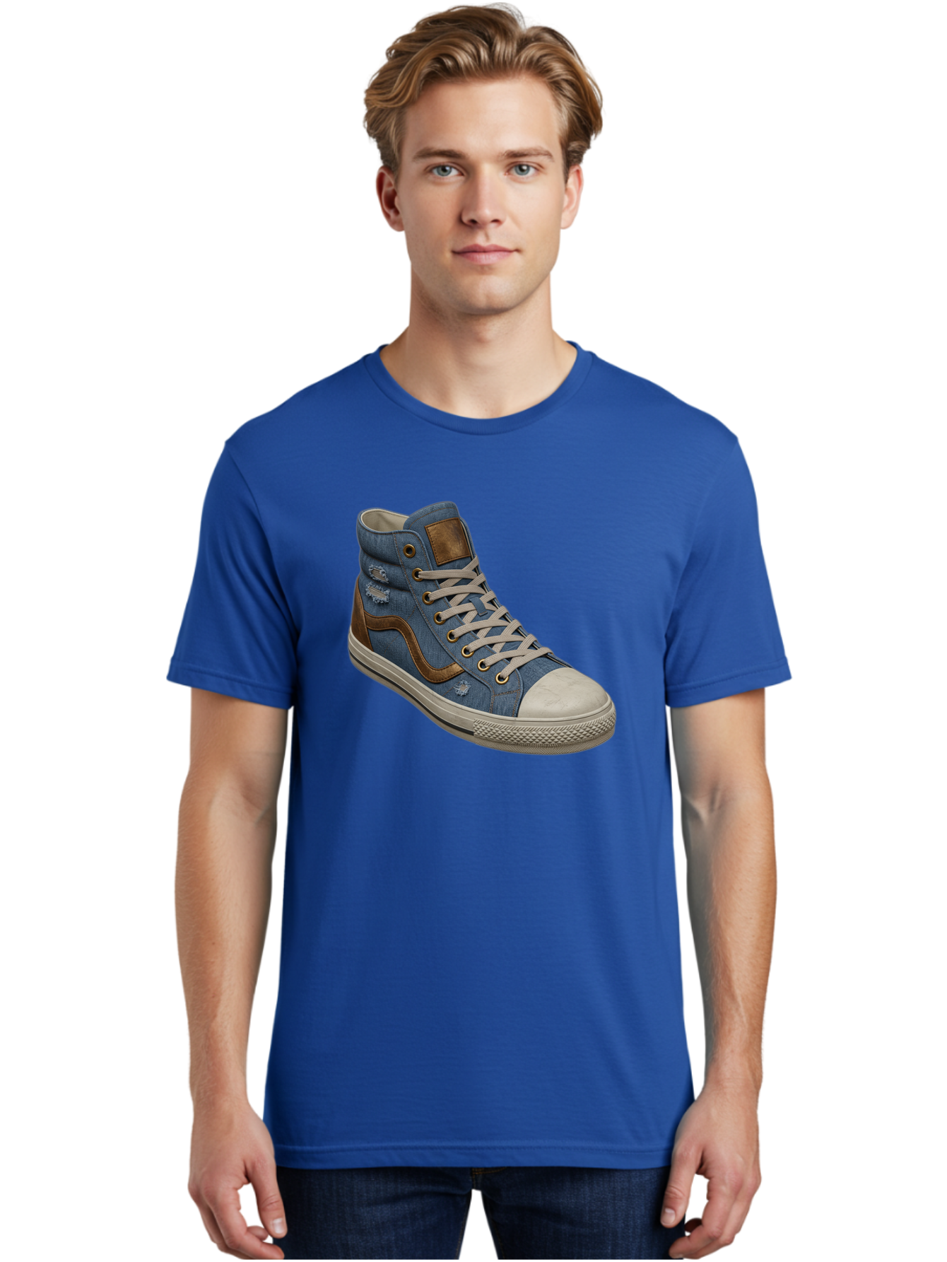 Blue-Denim-High-Top-Sneaker Men'S Graphic Tee, 100% Cotton, Comfortable Casual Summer Wear, Machine Washable, High-Top Denim Sneakers, Blue Denim, Fashionable Sneakers, Casual Footwear, White Laces, Brown Accents, Distressed Design, Baa172