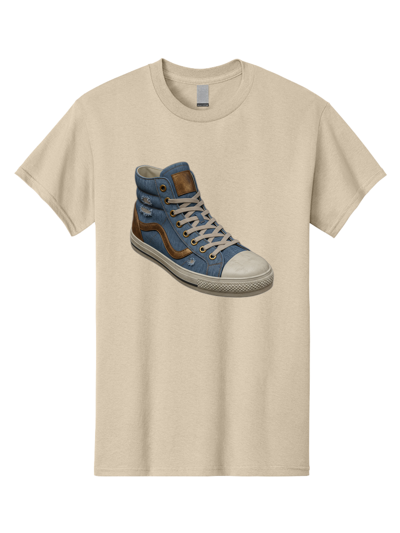 Blue-Denim-High-Top-Sneaker Men'S Graphic Tee, 100% Cotton, Comfortable Casual Summer Wear, Machine Washable, High-Top Denim Sneakers, Blue Denim, Fashionable Sneakers, Casual Footwear, White Laces, Brown Accents, Distressed Design, Baa172