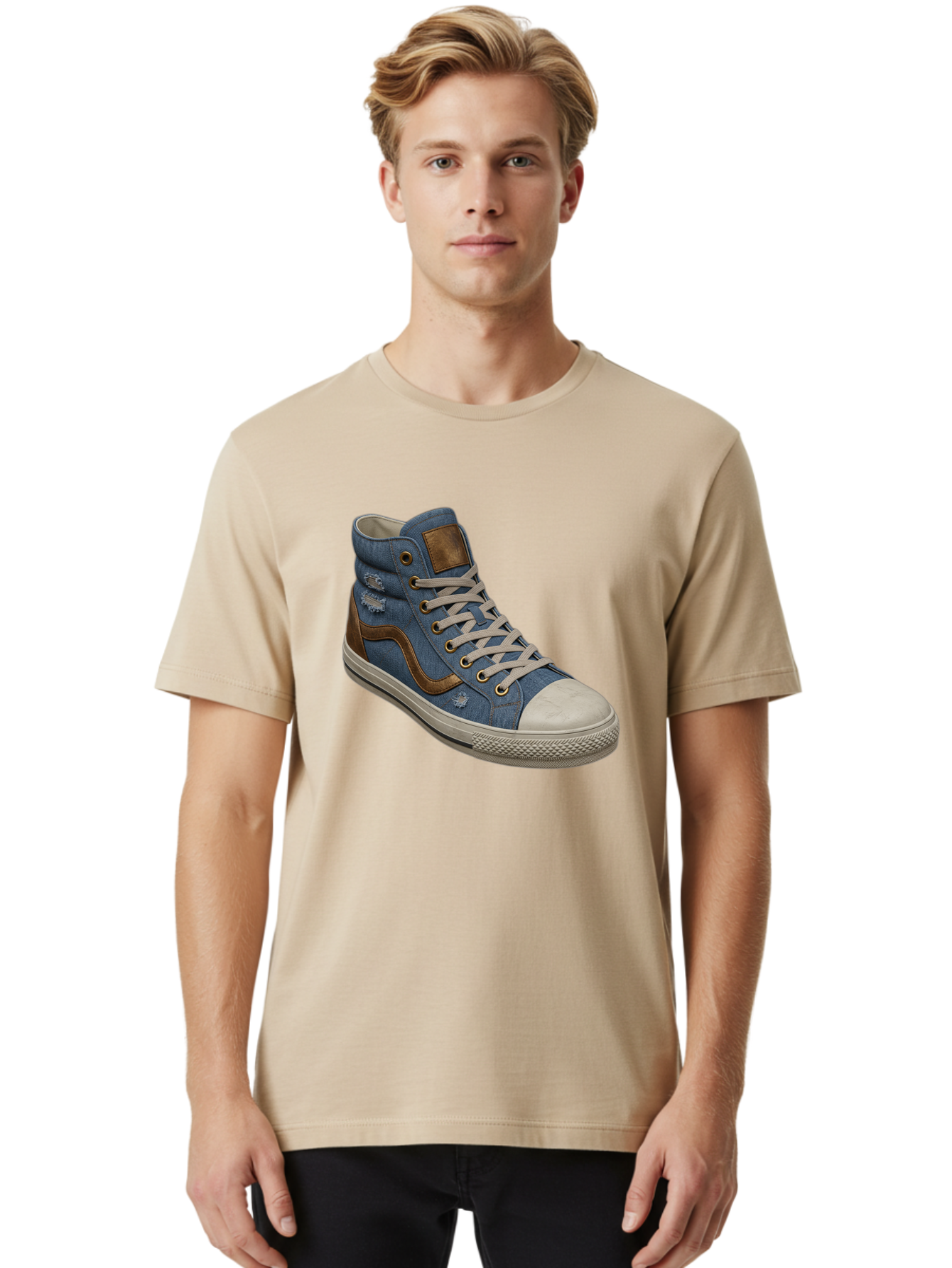 Blue-Denim-High-Top-Sneaker Men'S Graphic Tee, 100% Cotton, Comfortable Casual Summer Wear, Machine Washable, High-Top Denim Sneakers, Blue Denim, Fashionable Sneakers, Casual Footwear, White Laces, Brown Accents, Distressed Design, Baa172