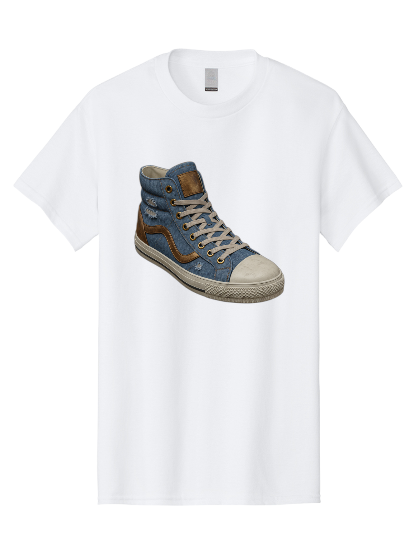 Blue-Denim-High-Top-Sneaker Men'S Graphic Tee, 100% Cotton, Comfortable Casual Summer Wear, Machine Washable, High-Top Denim Sneakers, Blue Denim, Fashionable Sneakers, Casual Footwear, White Laces, Brown Accents, Distressed Design, Baa172