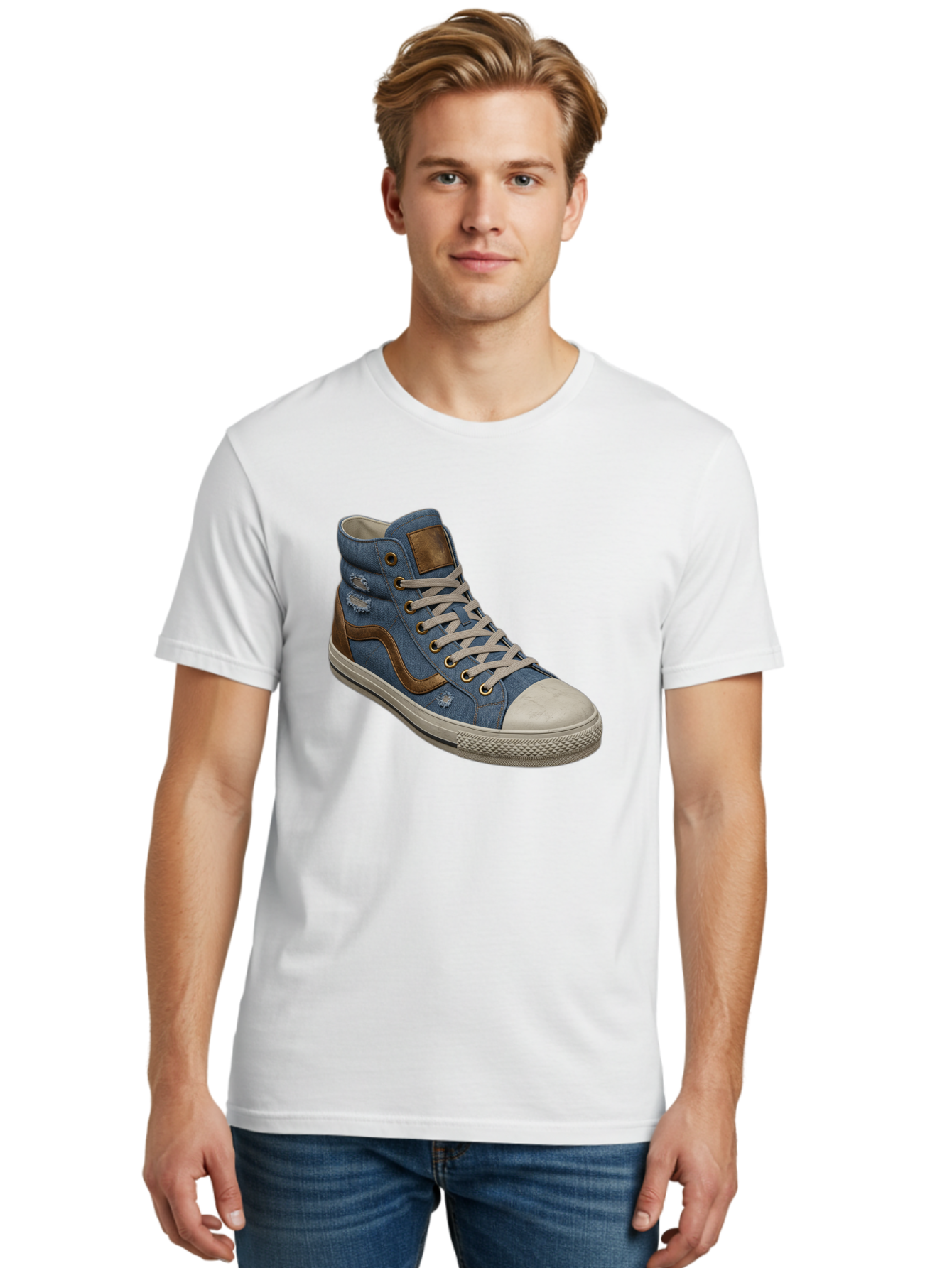 Blue-Denim-High-Top-Sneaker Men'S Graphic Tee, 100% Cotton, Comfortable Casual Summer Wear, Machine Washable, High-Top Denim Sneakers, Blue Denim, Fashionable Sneakers, Casual Footwear, White Laces, Brown Accents, Distressed Design, Baa172
