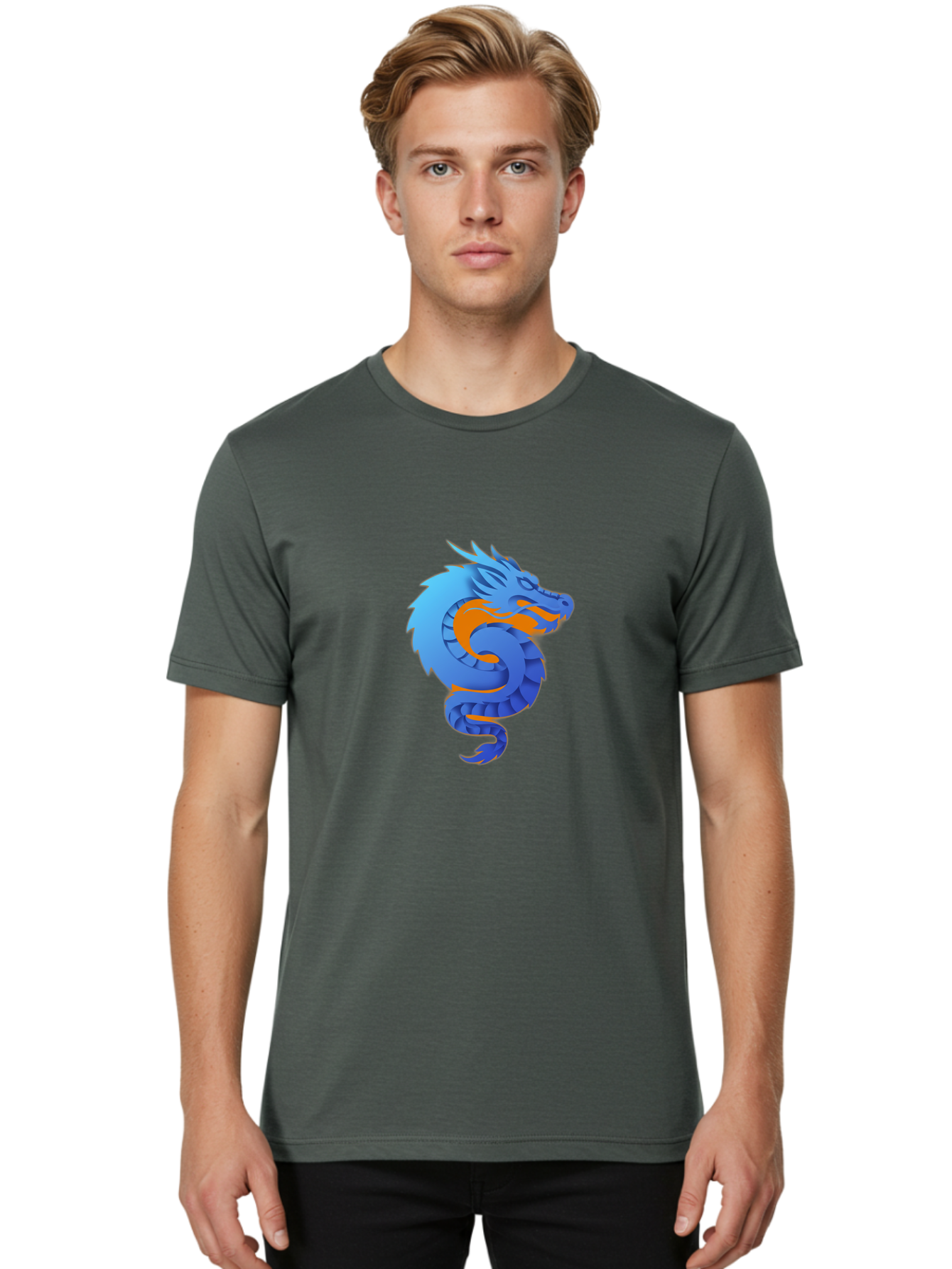 Blue-Dragon Men'S Graphic Tee, 100% Cotton, Comfortable Casual Summer Wear, Machine Washable, Blue Dragon, Orange Flames, Mythical Creature, Fantasy Art, Cartoon Illustration, Digital Graphics, Dragon Design, Logo Concept Baa173