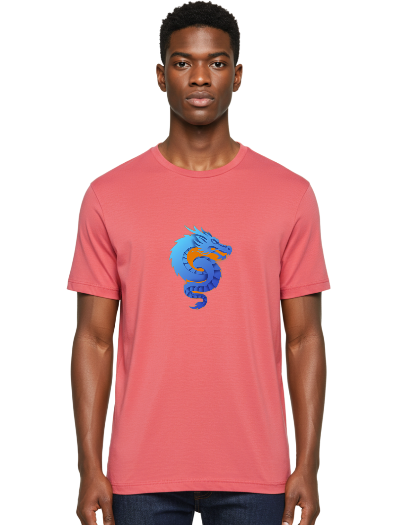 Blue-Dragon Men'S Graphic Tee, 100% Cotton, Comfortable Casual Summer Wear, Machine Washable, Blue Dragon, Orange Flames, Mythical Creature, Fantasy Art, Cartoon Illustration, Digital Graphics, Dragon Design, Logo Concept Baa173