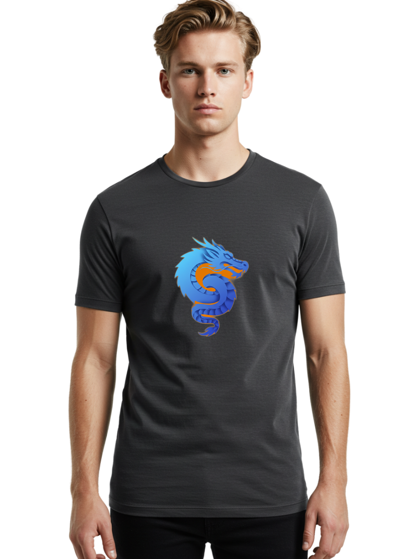 Blue-Dragon Men'S Graphic Tee, 100% Cotton, Comfortable Casual Summer Wear, Machine Washable, Blue Dragon, Orange Flames, Mythical Creature, Fantasy Art, Cartoon Illustration, Digital Graphics, Dragon Design, Logo Concept Baa173
