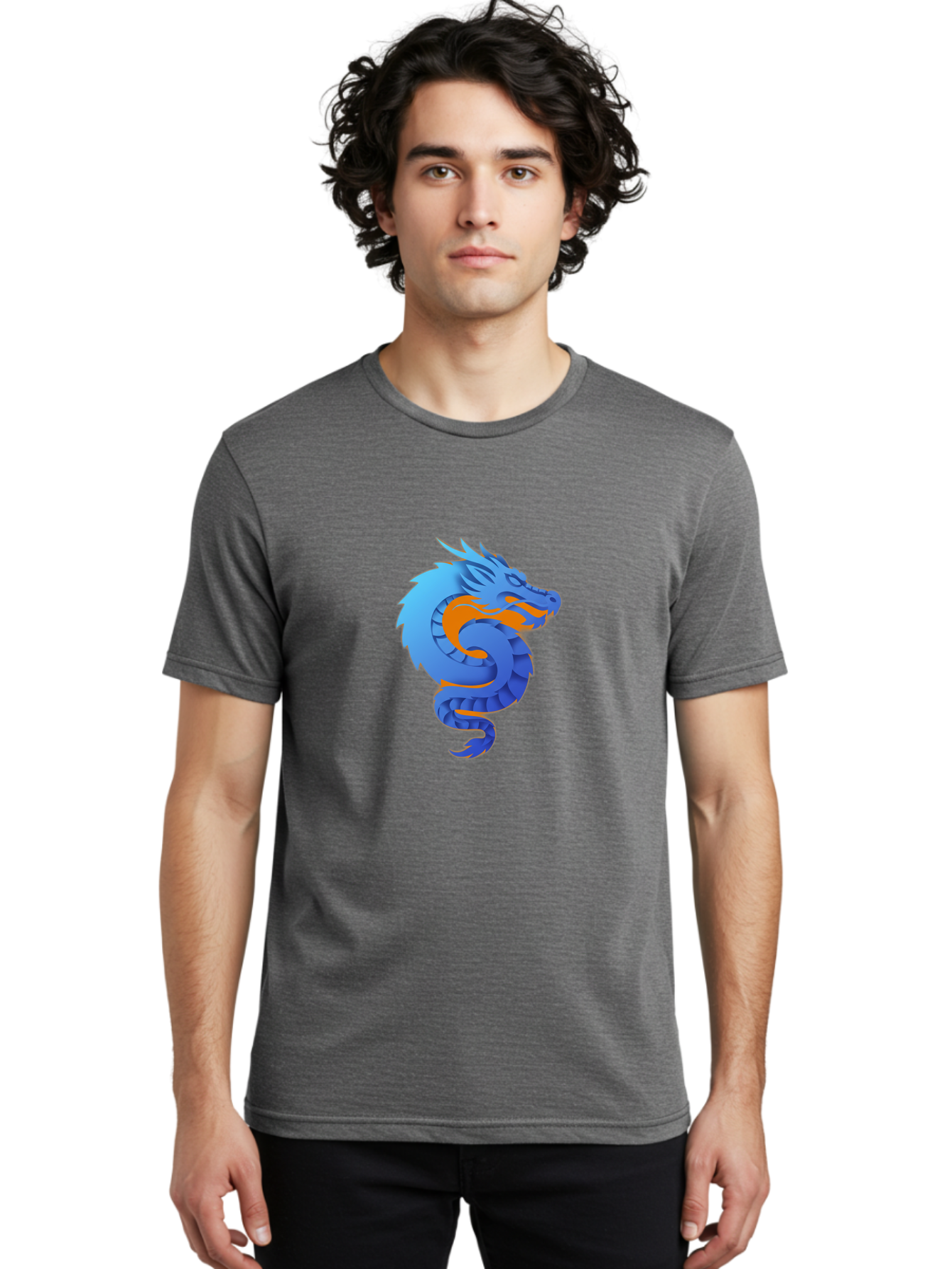 Blue-Dragon Men'S Graphic Tee, 100% Cotton, Comfortable Casual Summer Wear, Machine Washable, Blue Dragon, Orange Flames, Mythical Creature, Fantasy Art, Cartoon Illustration, Digital Graphics, Dragon Design, Logo Concept Baa173