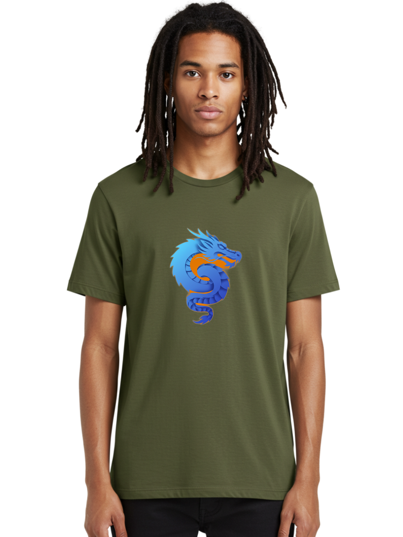 Blue-Dragon Men'S Graphic Tee, 100% Cotton, Comfortable Casual Summer Wear, Machine Washable, Blue Dragon, Orange Flames, Mythical Creature, Fantasy Art, Cartoon Illustration, Digital Graphics, Dragon Design, Logo Concept Baa173