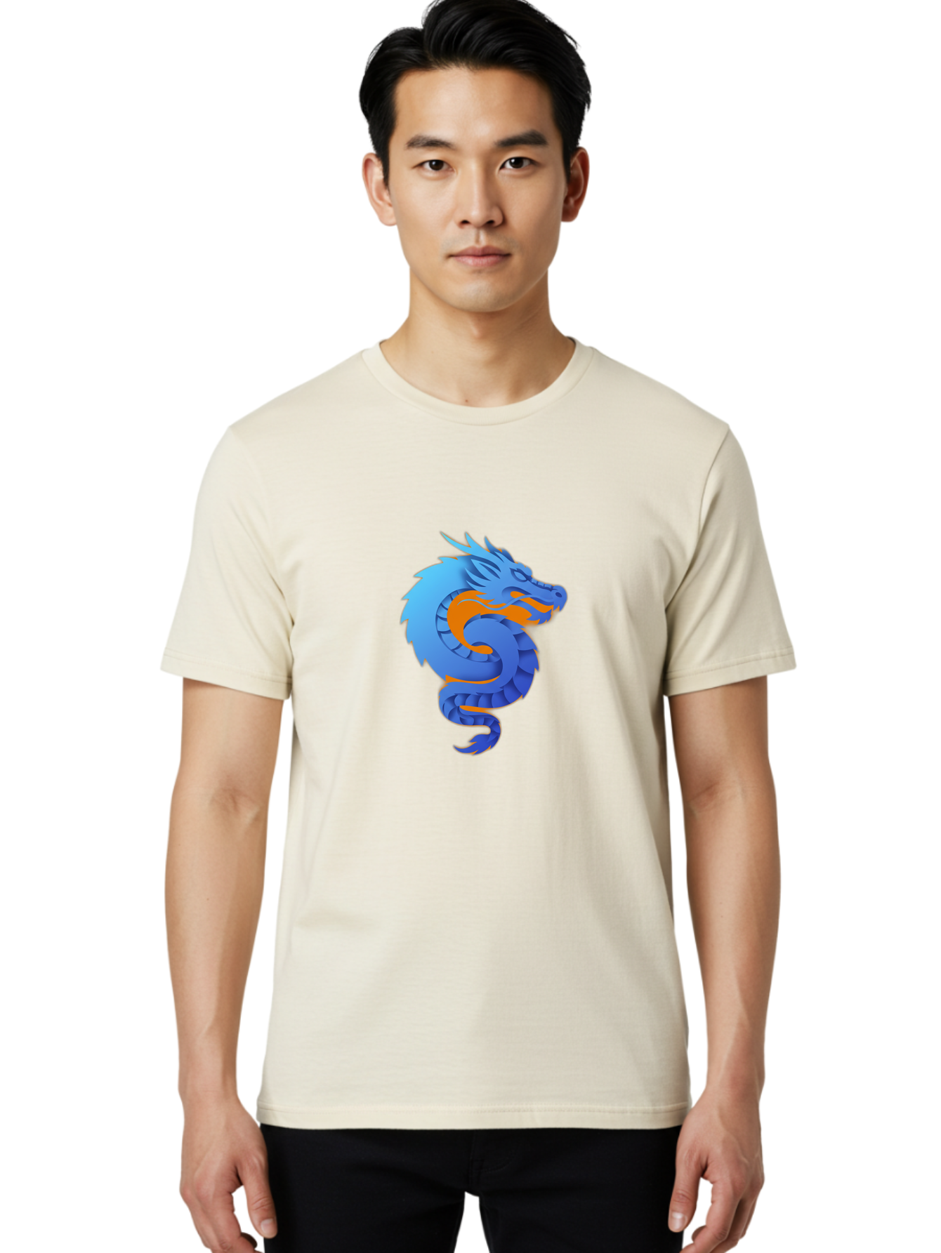 Blue-Dragon Men'S Graphic Tee, 100% Cotton, Comfortable Casual Summer Wear, Machine Washable, Blue Dragon, Orange Flames, Mythical Creature, Fantasy Art, Cartoon Illustration, Digital Graphics, Dragon Design, Logo Concept Baa173