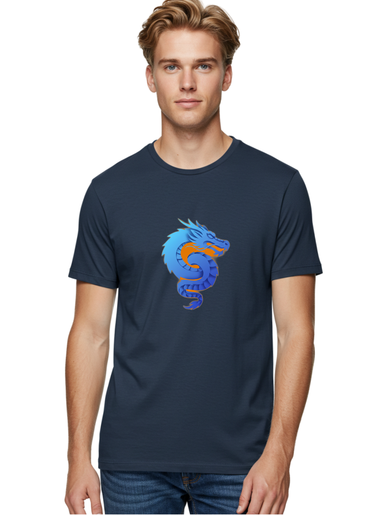 Blue-Dragon Men'S Graphic Tee, 100% Cotton, Comfortable Casual Summer Wear, Machine Washable, Blue Dragon, Orange Flames, Mythical Creature, Fantasy Art, Cartoon Illustration, Digital Graphics, Dragon Design, Logo Concept Baa173