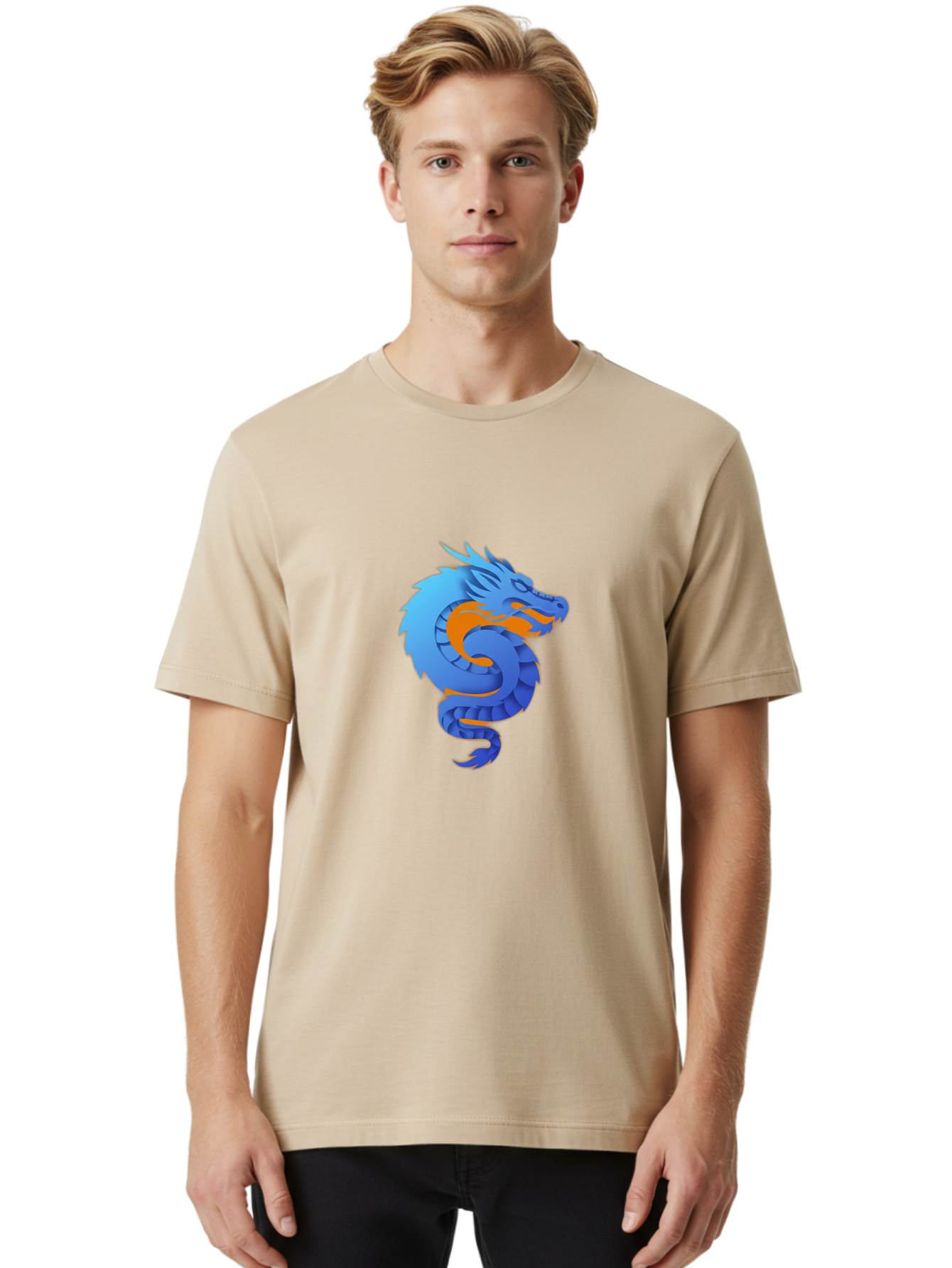 Blue-Dragon Men'S Graphic Tee, 100% Cotton, Comfortable Casual Summer Wear, Machine Washable, Blue Dragon, Orange Flames, Mythical Creature, Fantasy Art, Cartoon Illustration, Digital Graphics, Dragon Design, Logo Concept Baa173