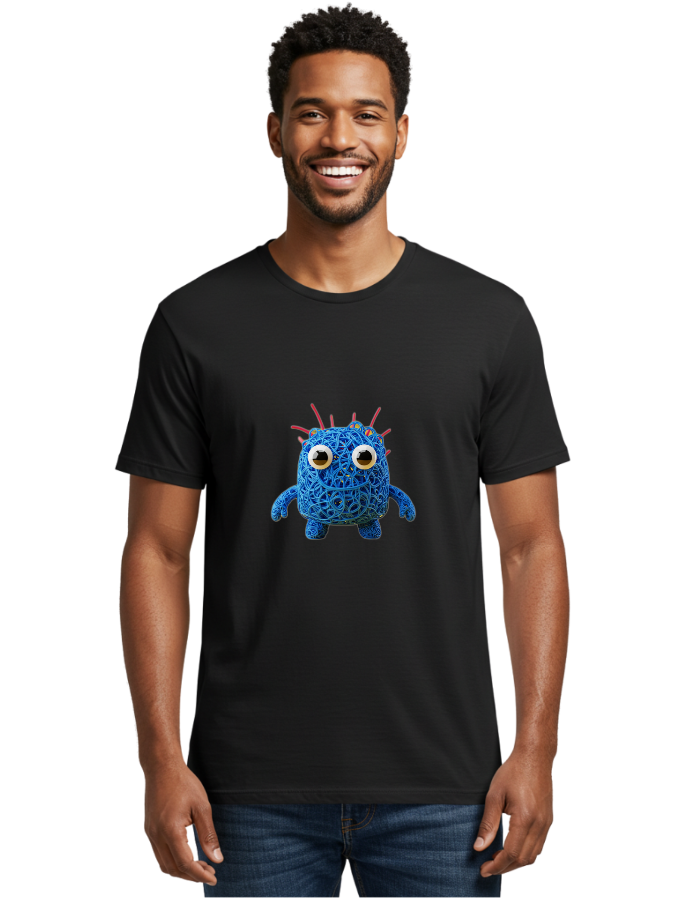 Blue-Germ Men'S Graphic Tee, 100% Cotton, Comfortable Casual Summer Wear, Machine Washable, Blue Virus Character, Cartoon Virus, Quirky Design, Oversized Eyes, Comical Creature, Abstract Virus Representation, Funny Art, Playful Germ Baa174