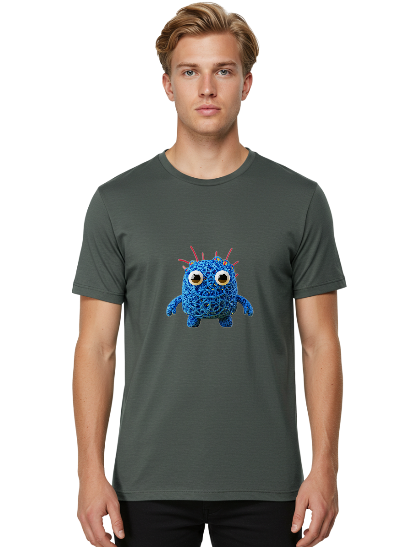 Blue-Germ Men'S Graphic Tee, 100% Cotton, Comfortable Casual Summer Wear, Machine Washable, Blue Virus Character, Cartoon Virus, Quirky Design, Oversized Eyes, Comical Creature, Abstract Virus Representation, Funny Art, Playful Germ Baa174