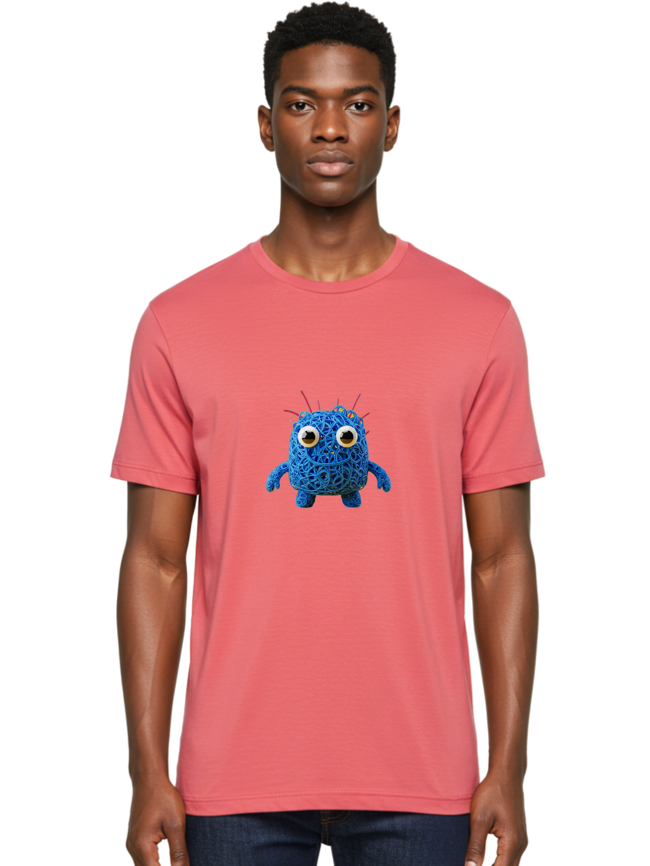 Blue-Germ Men'S Graphic Tee, 100% Cotton, Comfortable Casual Summer Wear, Machine Washable, Blue Virus Character, Cartoon Virus, Quirky Design, Oversized Eyes, Comical Creature, Abstract Virus Representation, Funny Art, Playful Germ Baa174