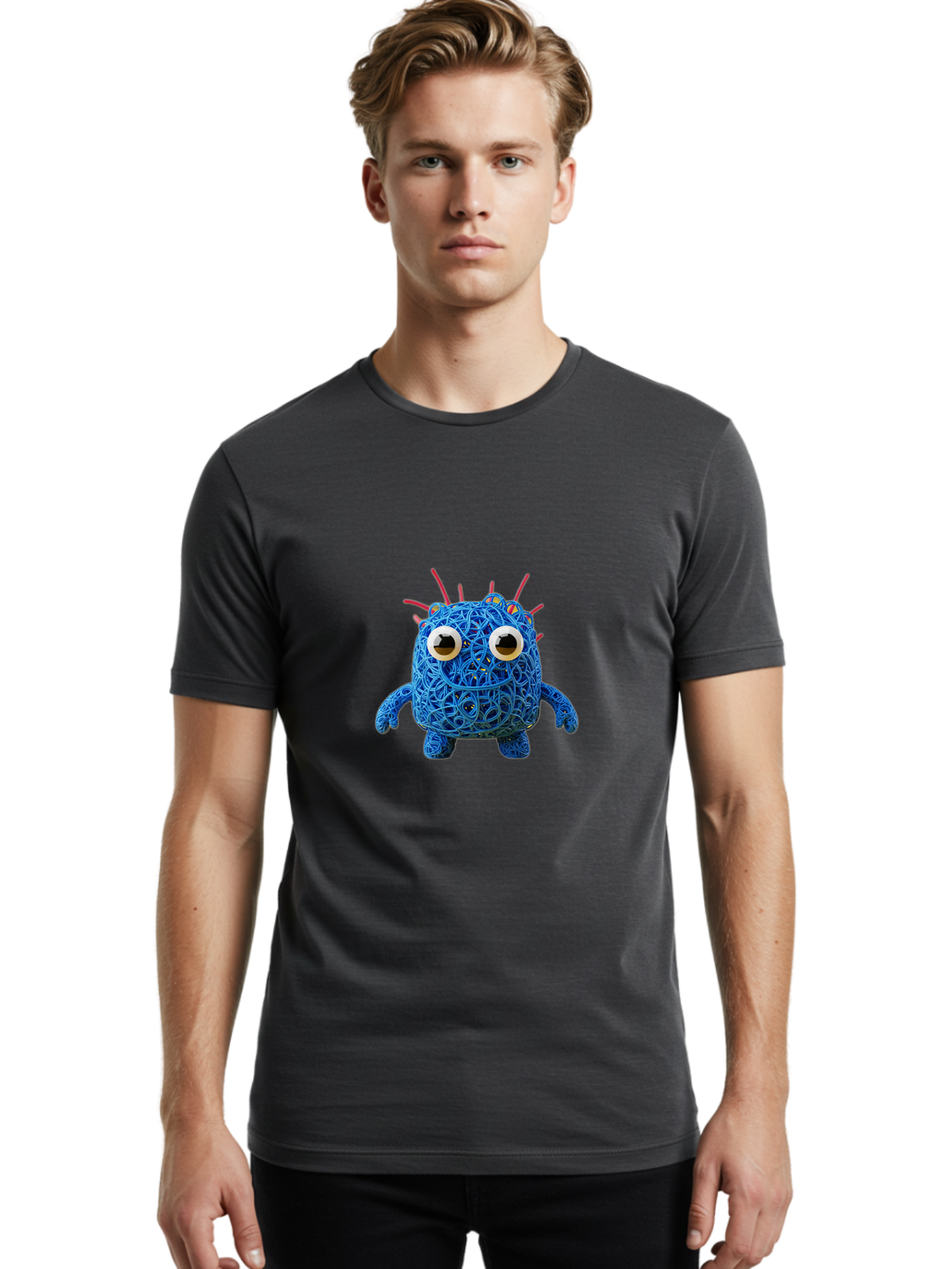 Blue-Germ Men'S Graphic Tee, 100% Cotton, Comfortable Casual Summer Wear, Machine Washable, Blue Virus Character, Cartoon Virus, Quirky Design, Oversized Eyes, Comical Creature, Abstract Virus Representation, Funny Art, Playful Germ Baa174