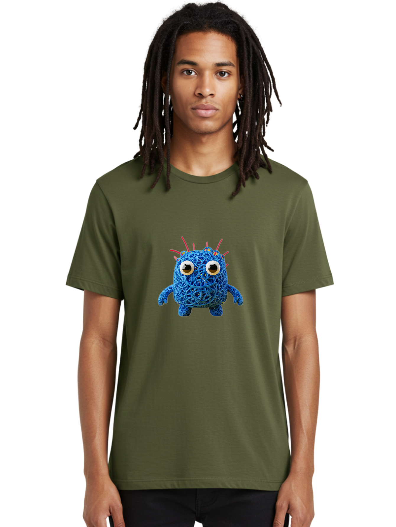Blue-Germ Men'S Graphic Tee, 100% Cotton, Comfortable Casual Summer Wear, Machine Washable, Blue Virus Character, Cartoon Virus, Quirky Design, Oversized Eyes, Comical Creature, Abstract Virus Representation, Funny Art, Playful Germ Baa174