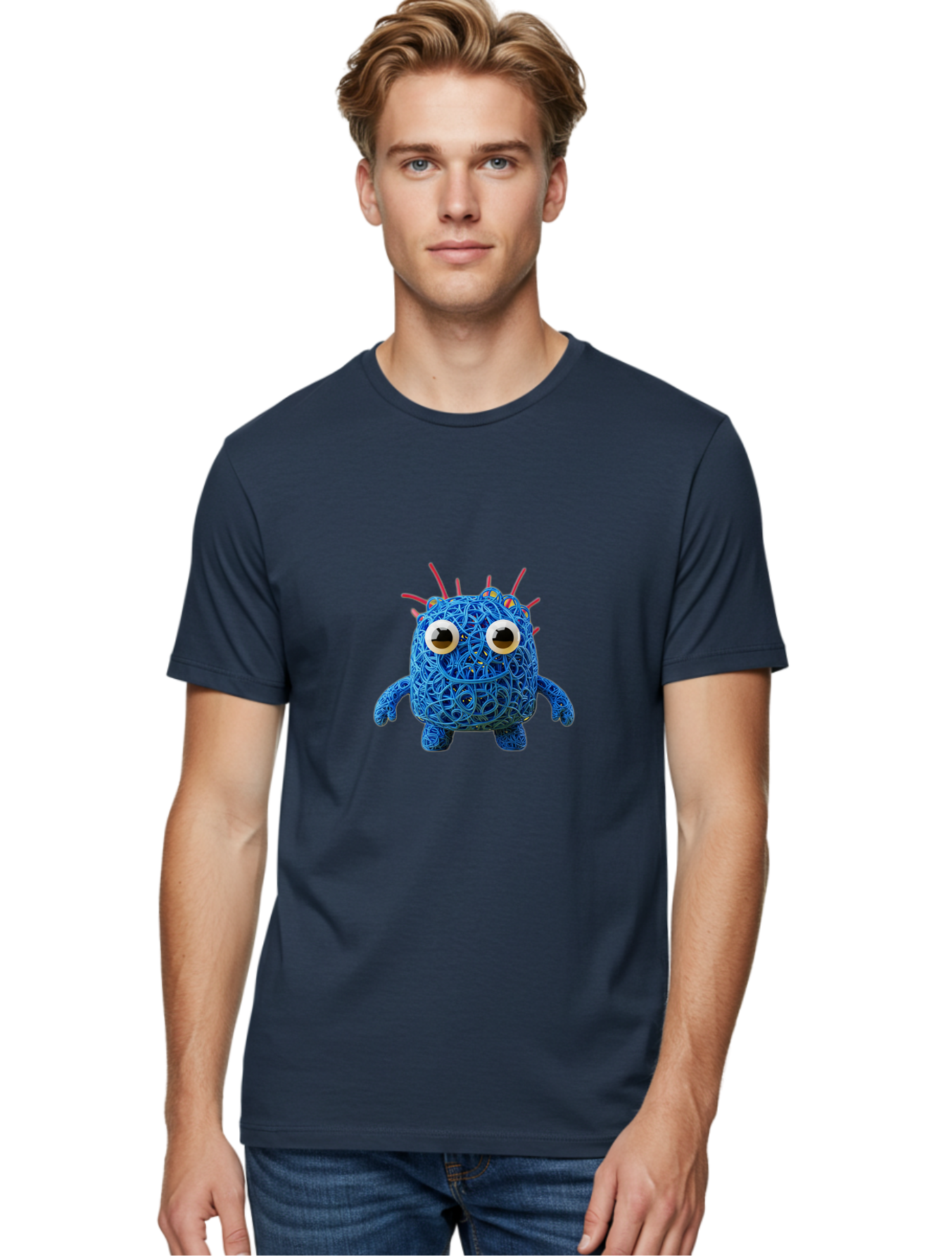 Blue-Germ Men'S Graphic Tee, 100% Cotton, Comfortable Casual Summer Wear, Machine Washable, Blue Virus Character, Cartoon Virus, Quirky Design, Oversized Eyes, Comical Creature, Abstract Virus Representation, Funny Art, Playful Germ Baa174