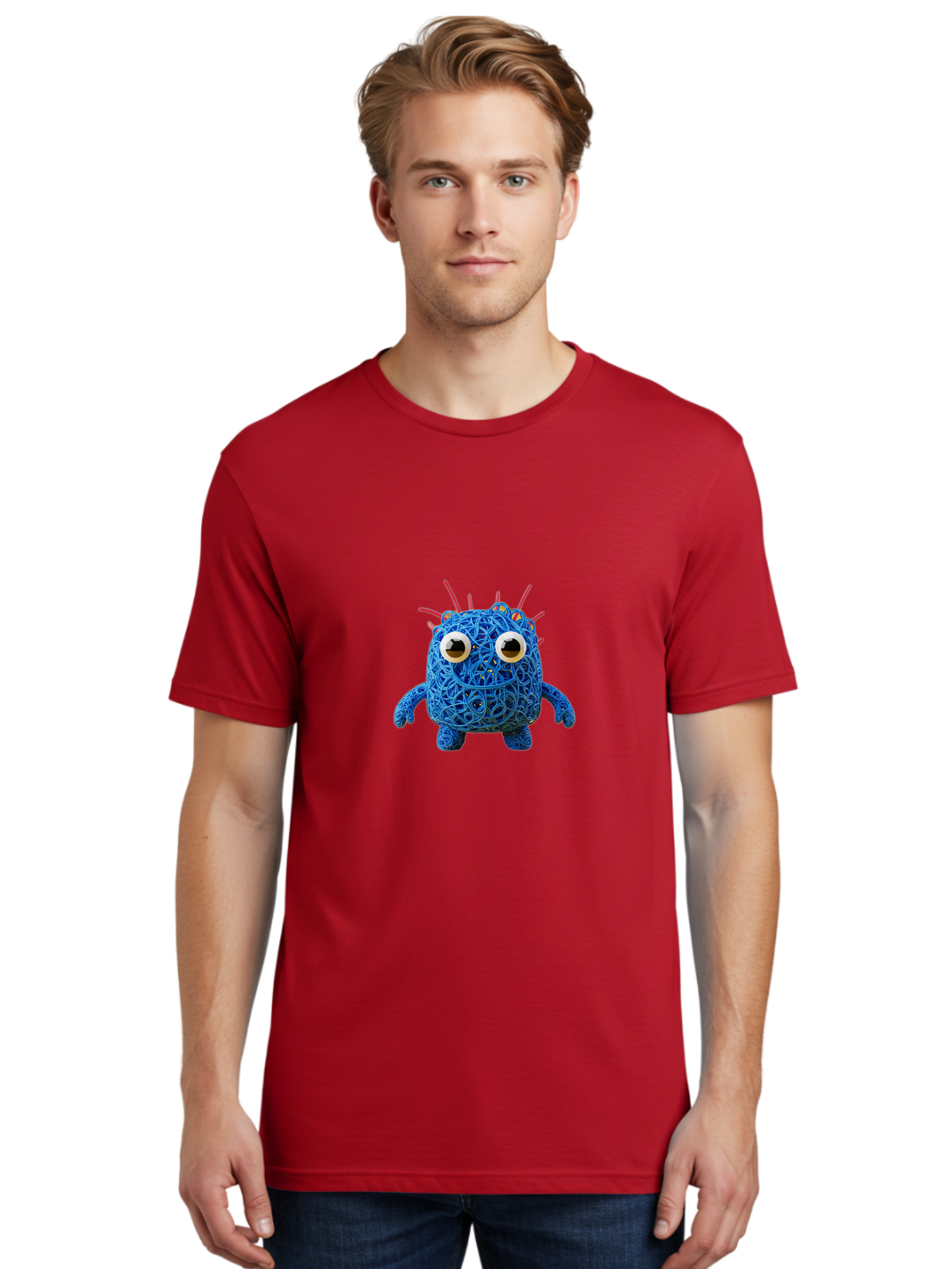 Blue-Germ Men'S Graphic Tee, 100% Cotton, Comfortable Casual Summer Wear, Machine Washable, Blue Virus Character, Cartoon Virus, Quirky Design, Oversized Eyes, Comical Creature, Abstract Virus Representation, Funny Art, Playful Germ Baa174