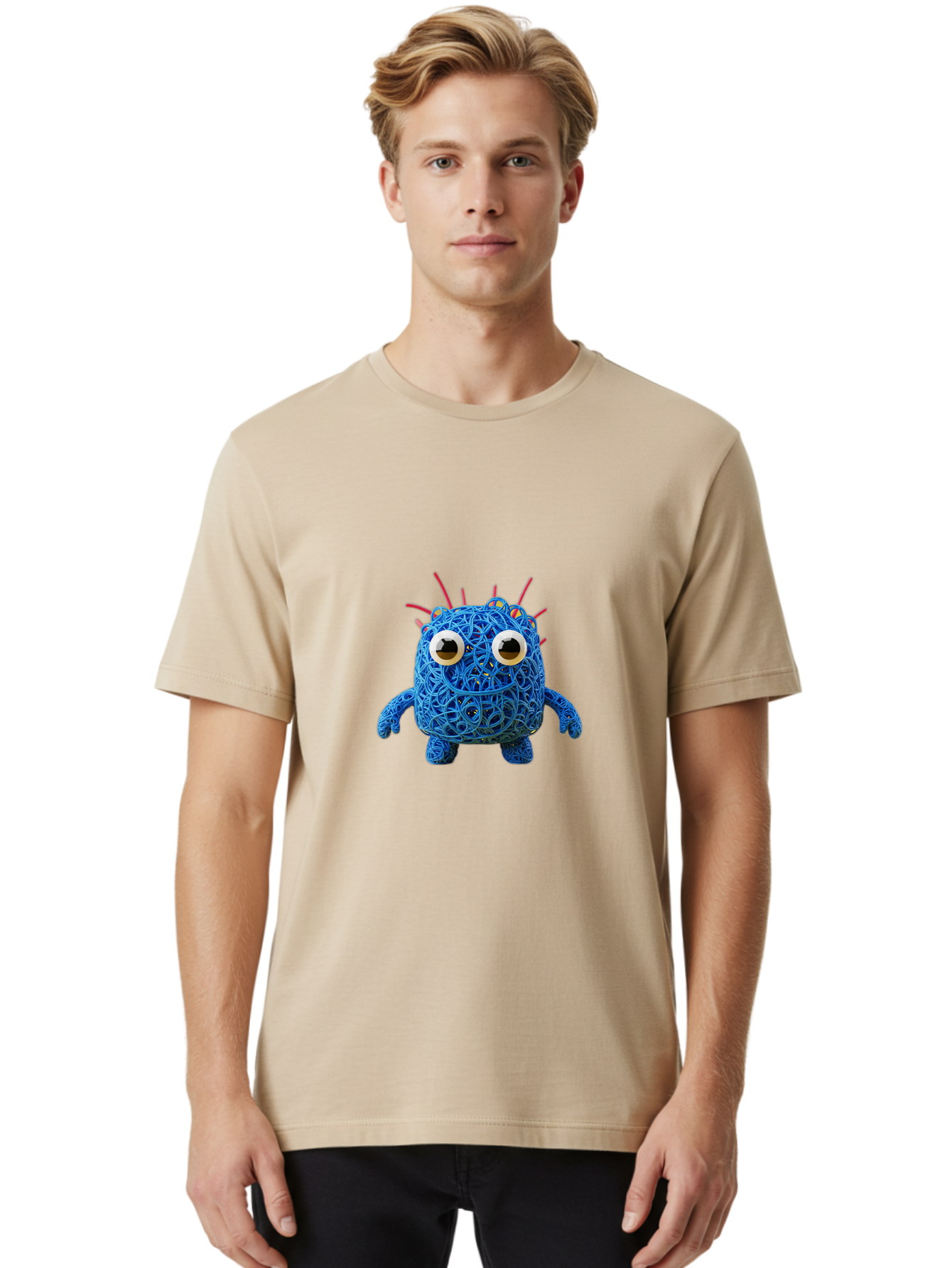 Blue-Germ Men'S Graphic Tee, 100% Cotton, Comfortable Casual Summer Wear, Machine Washable, Blue Virus Character, Cartoon Virus, Quirky Design, Oversized Eyes, Comical Creature, Abstract Virus Representation, Funny Art, Playful Germ Baa174