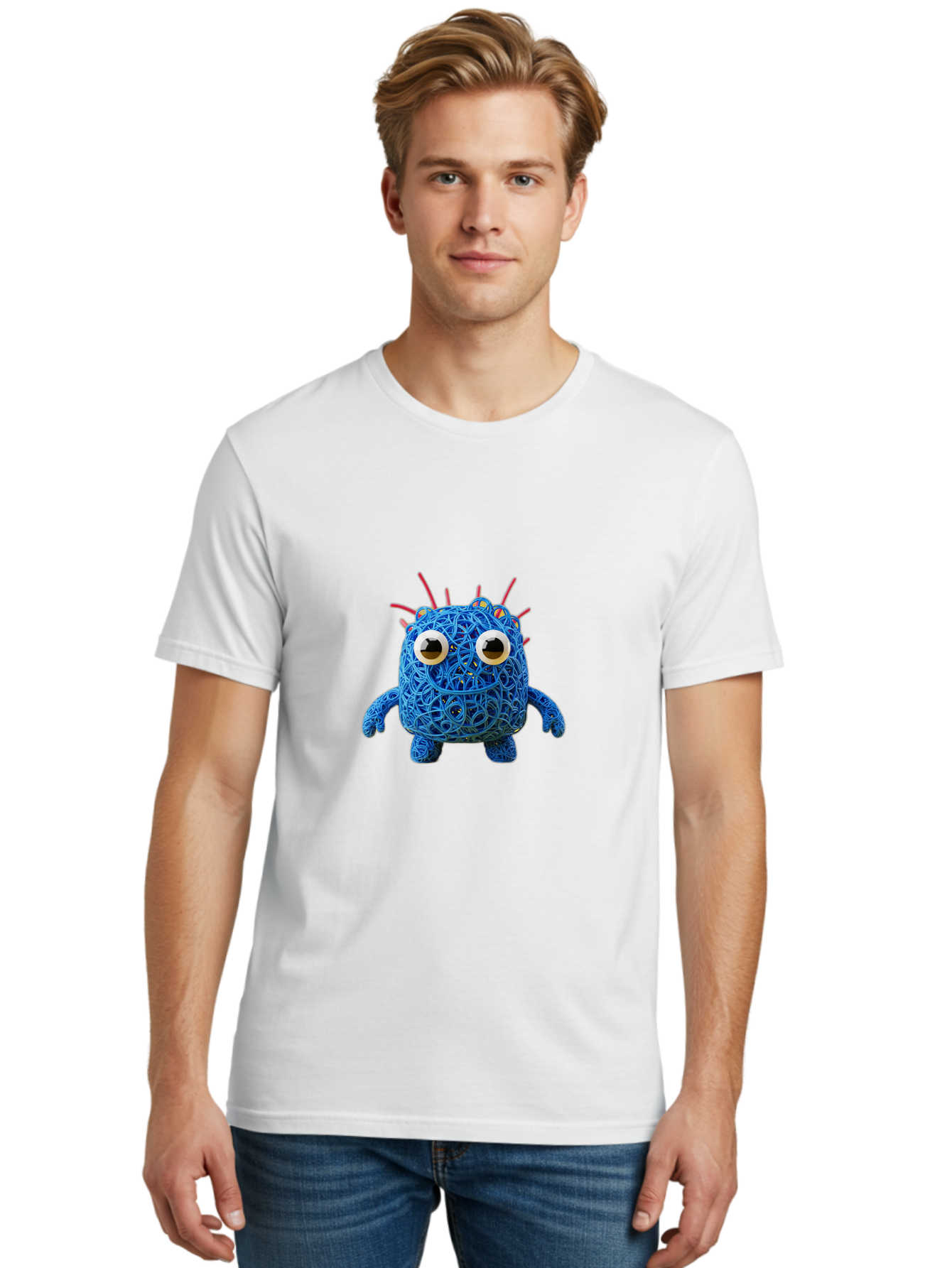 Blue-Germ Men'S Graphic Tee, 100% Cotton, Comfortable Casual Summer Wear, Machine Washable, Blue Virus Character, Cartoon Virus, Quirky Design, Oversized Eyes, Comical Creature, Abstract Virus Representation, Funny Art, Playful Germ Baa174