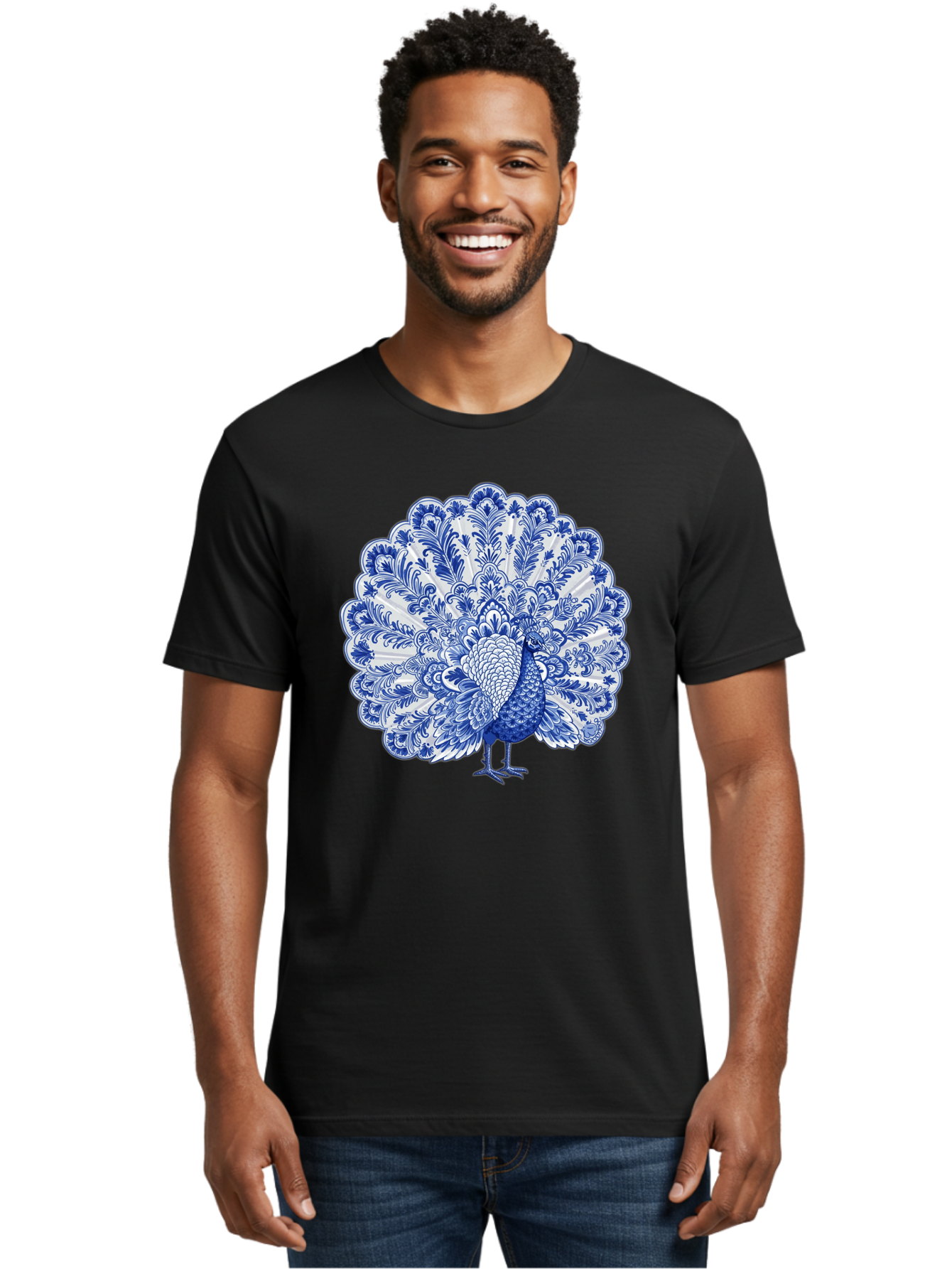 Blue-Peacock Men'S Graphic Tee, 100% Cotton, Comfortable Casual Summer Wear, Machine Washable, Peacock Illustration, Blue And White Design, Floral Pattern, Elegant Bird, Ornate Plumage, Luxurious Texture, Vintage Style, Decorative Art, Baa176