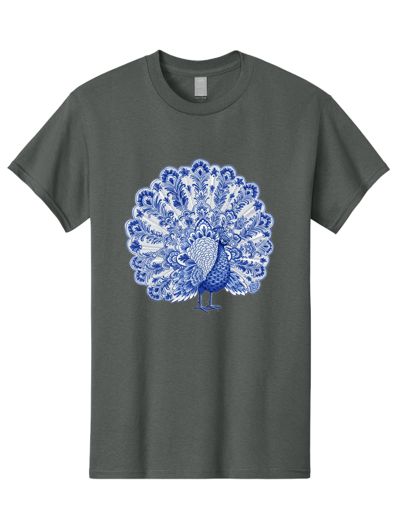 Blue-Peacock Men'S Graphic Tee, 100% Cotton, Comfortable Casual Summer Wear, Machine Washable, Peacock Illustration, Blue And White Design, Floral Pattern, Elegant Bird, Ornate Plumage, Luxurious Texture, Vintage Style, Decorative Art, Baa176