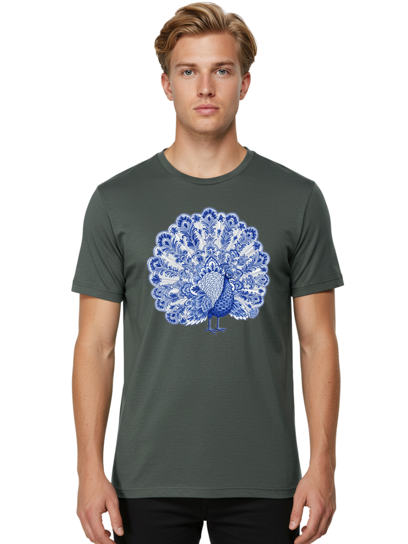 Blue-Peacock Men'S Graphic Tee, 100% Cotton, Comfortable Casual Summer Wear, Machine Washable, Peacock Illustration, Blue And White Design, Floral Pattern, Elegant Bird, Ornate Plumage, Luxurious Texture, Vintage Style, Decorative Art, Baa176