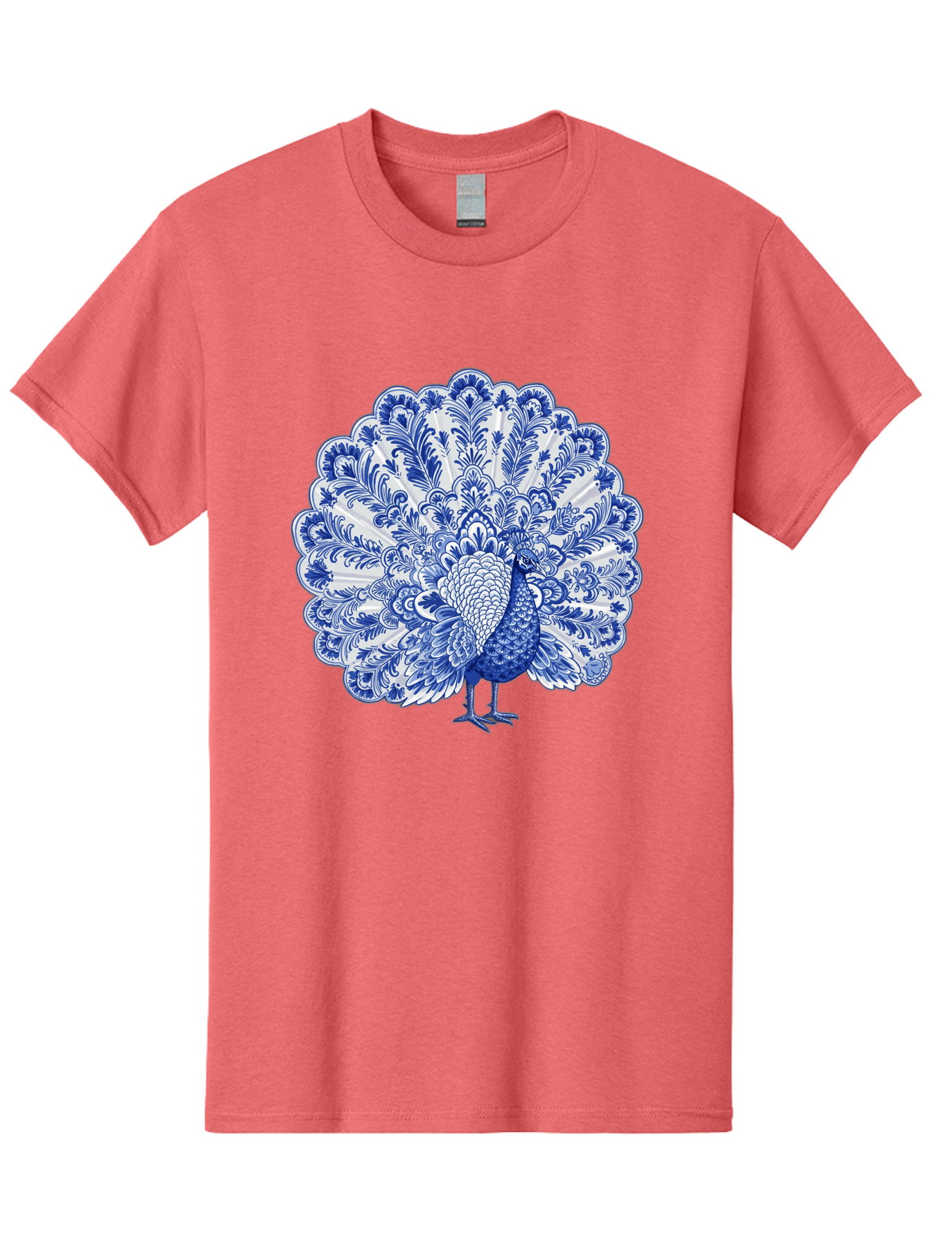 Blue-Peacock Men'S Graphic Tee, 100% Cotton, Comfortable Casual Summer Wear, Machine Washable, Peacock Illustration, Blue And White Design, Floral Pattern, Elegant Bird, Ornate Plumage, Luxurious Texture, Vintage Style, Decorative Art, Baa176